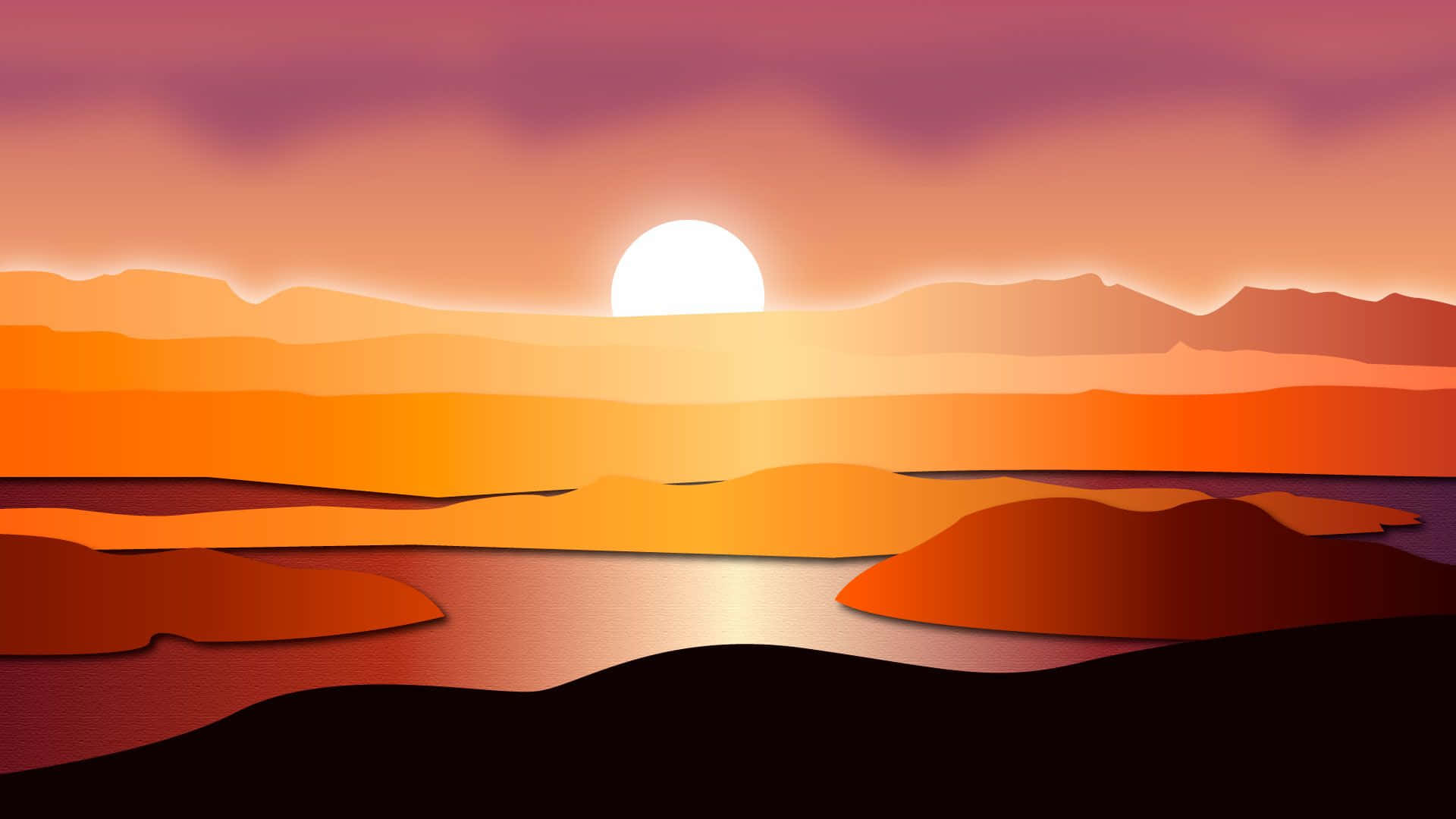 Sunset Painting 桌布 壁紙 — 風格化的日落，映照在層疊的山巒和水面上，帶有溫暖的橙色和紫色調。
