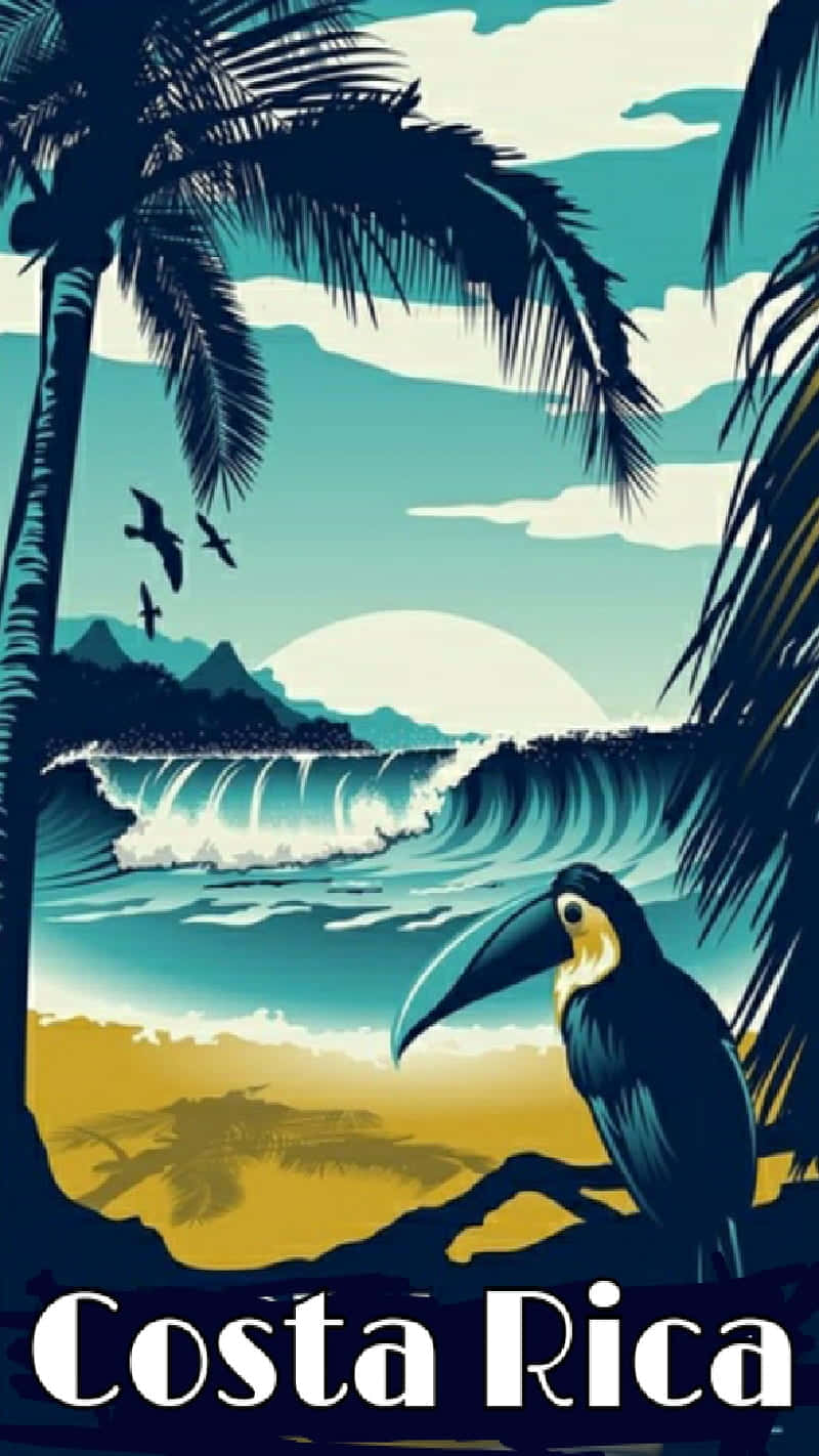  壁紙 — 一張風格化的熱帶海報，描繪了一隻巨嘴鳥棲息在樹枝上，背景有翻滾的海浪、棕櫚樹和鳥兒，天空呈藍綠色。