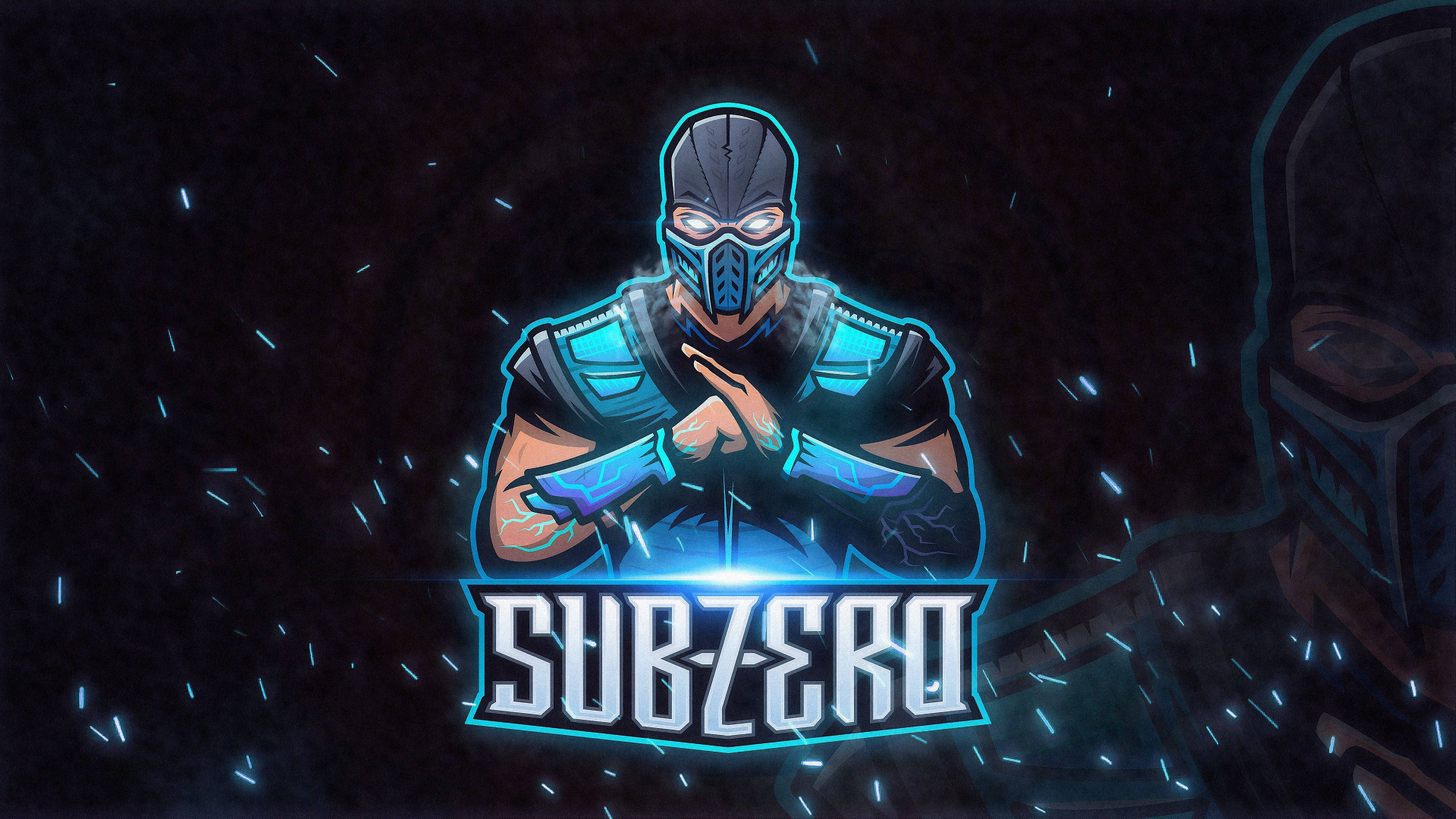 Sub-Zero功夫問安漫畫貼紙 壁紙 — 一個發光的藍色蒙面戰士身穿盔甲，雙手合十，站在黑暗背景前，周圍有冰晶粒子，下方有粗體文字「SUBZERO」。