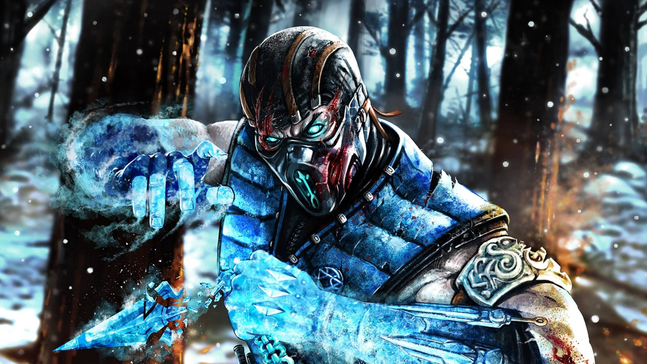 血染森林中的Sub-Zero 壁紙 — 一名戴面具的戰士身穿冰霜鎧甲，在飄雪的森林中揮舞著覆霜的刀刃。