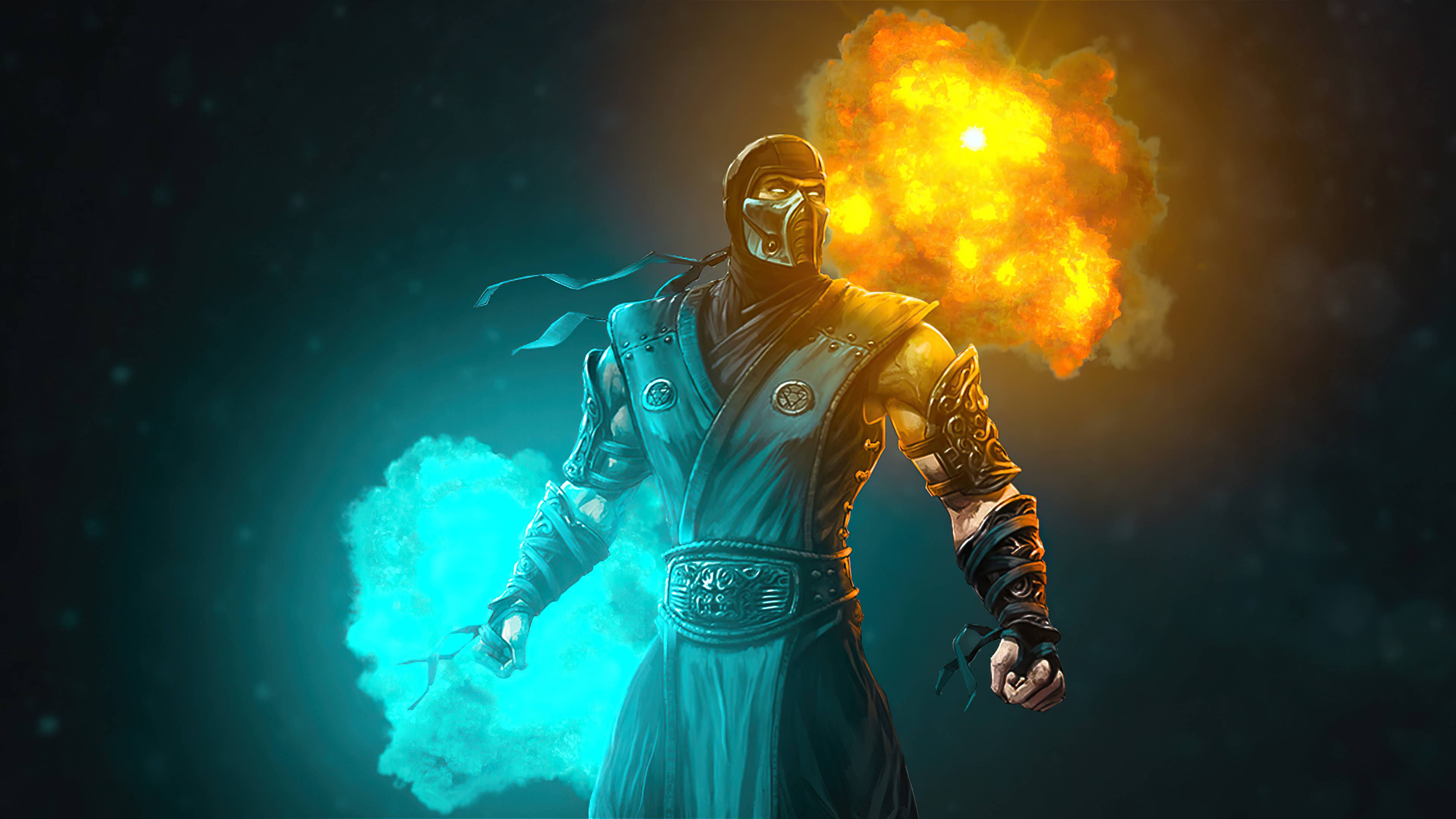 Sub-Zero 冰火交織 壁紙 — 一名戴面具的戰士身穿青綠色盔甲，身後有熾熱爆炸，雙手周圍有冰霧旋轉。