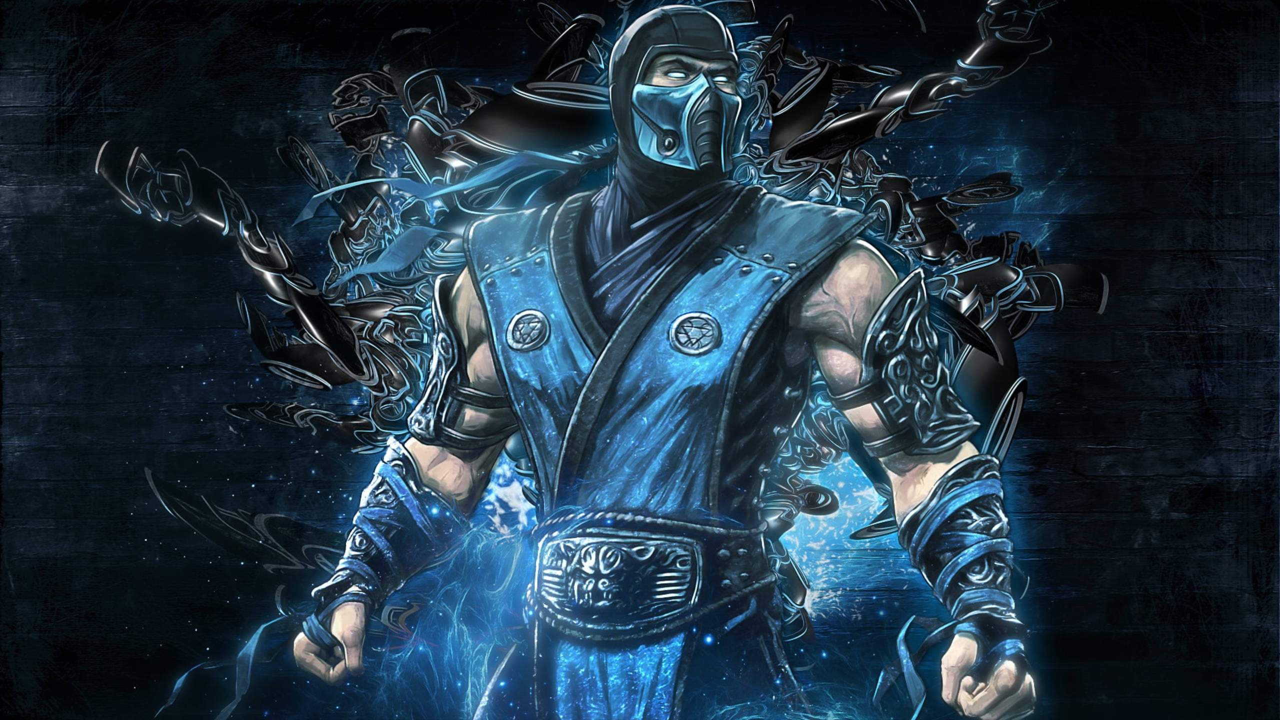 Sub-Zero漫畫插畫 壁紙 — 一個戴面具的藍色盔甲忍者戰士，在黑暗背景下，鎖鏈和能量在他周圍旋轉，威風凜凜地站立著。