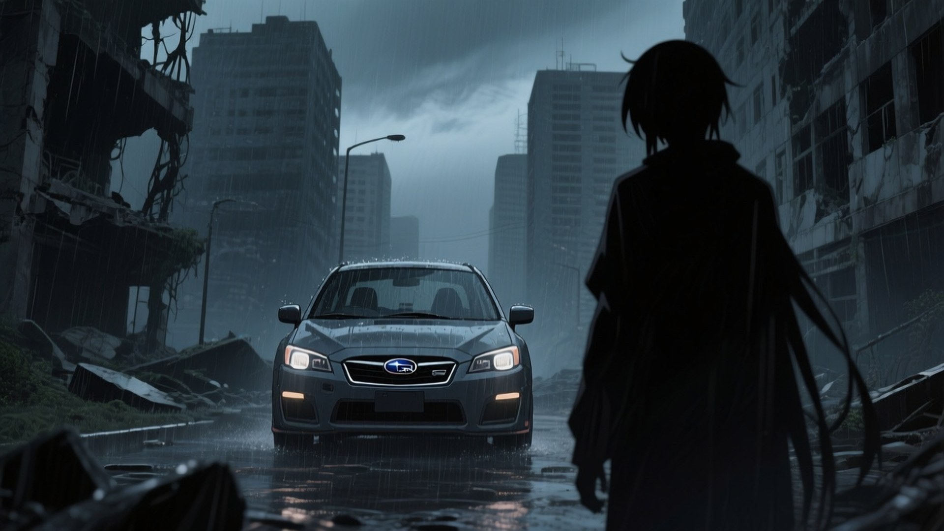 一個剪影中的人面對一輛銀色Subaru，在暴雨浸透的廢墟城市中，天空風暴肆虐。