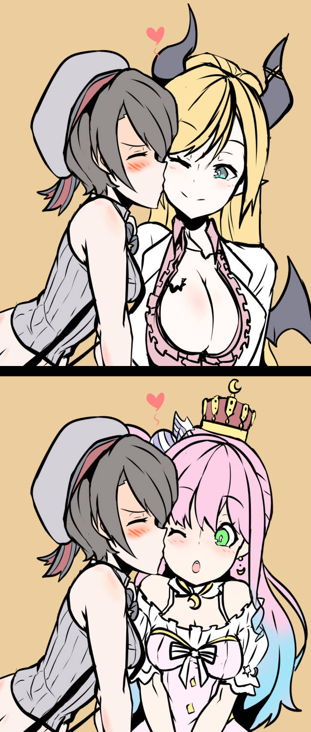 Subaru女生親吻插畫 壁紙 — 兩個穿著可愛服裝的動漫女孩分享親密時刻，心形圖案漂浮在她們上方。
