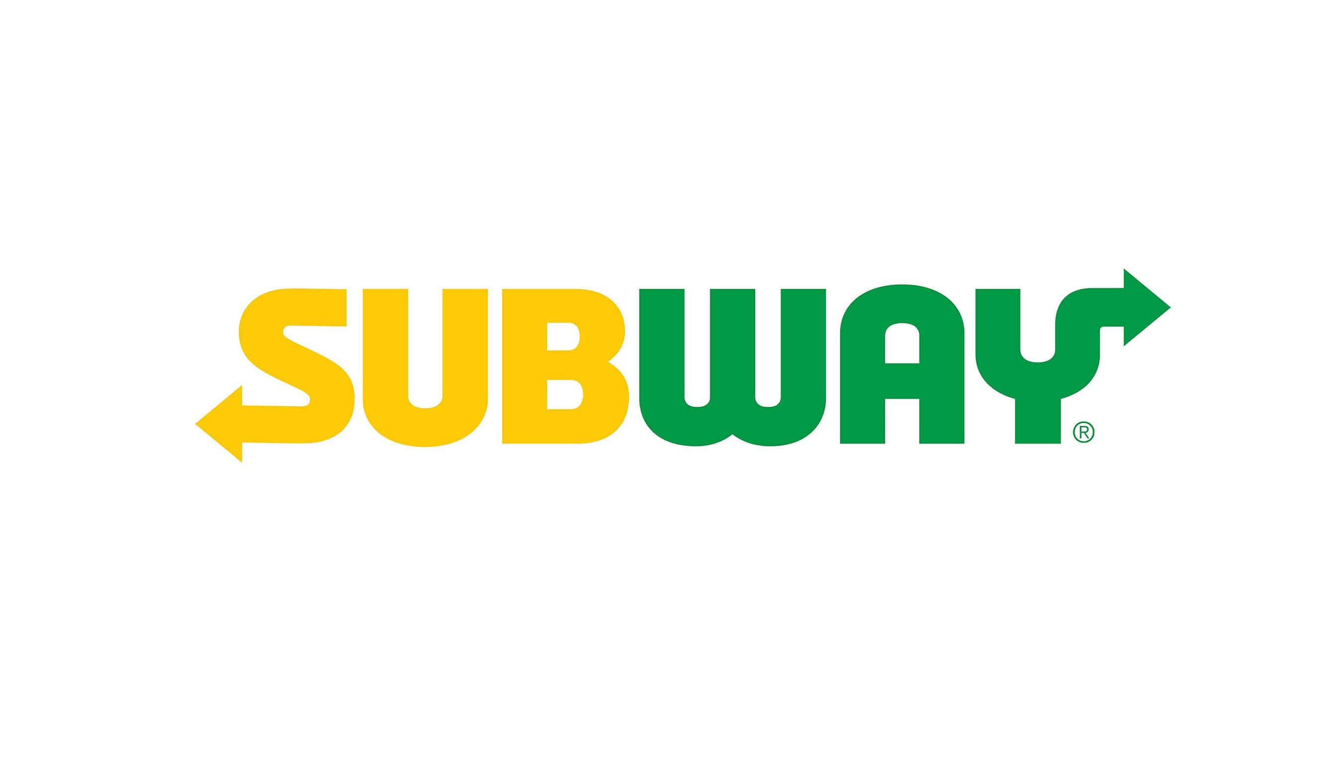 Subway 桌布 壁紙 — Subway 標誌以鮮明的黃色和綠色字母為特色，在 'S' 和 'Y' 上帶有箭頭，背景為純白色。