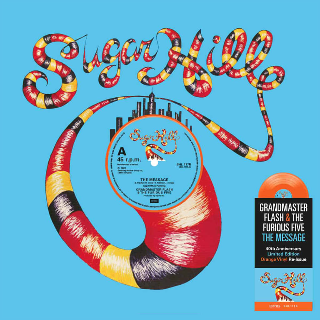 Sugar Hill Grandmaster Flash 和 The Furious Five 壁紙 — 一個充滿活力的復古專輯封面，以糖果條紋蛇形成樂隊名稱 Sugar Hill，圍繞著一個風格化的黑膠唱片和城市天際線。