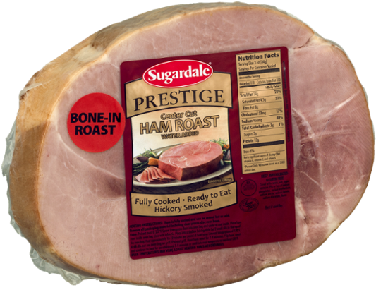 Sugardale Prestige火腿烤肉包裝 壁紙 — 帶骨火腿烤肉用塑膠包裝，附有Sugardale Prestige標籤，顯示營養成分和即食詳情。
