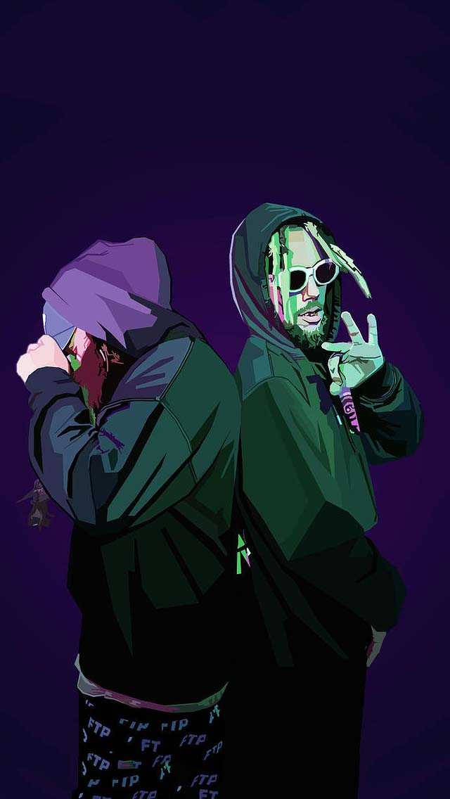 兩位穿著連帽衫的嘻哈藝術家，一位背對，另一位在紫色背景前做出和平手勢