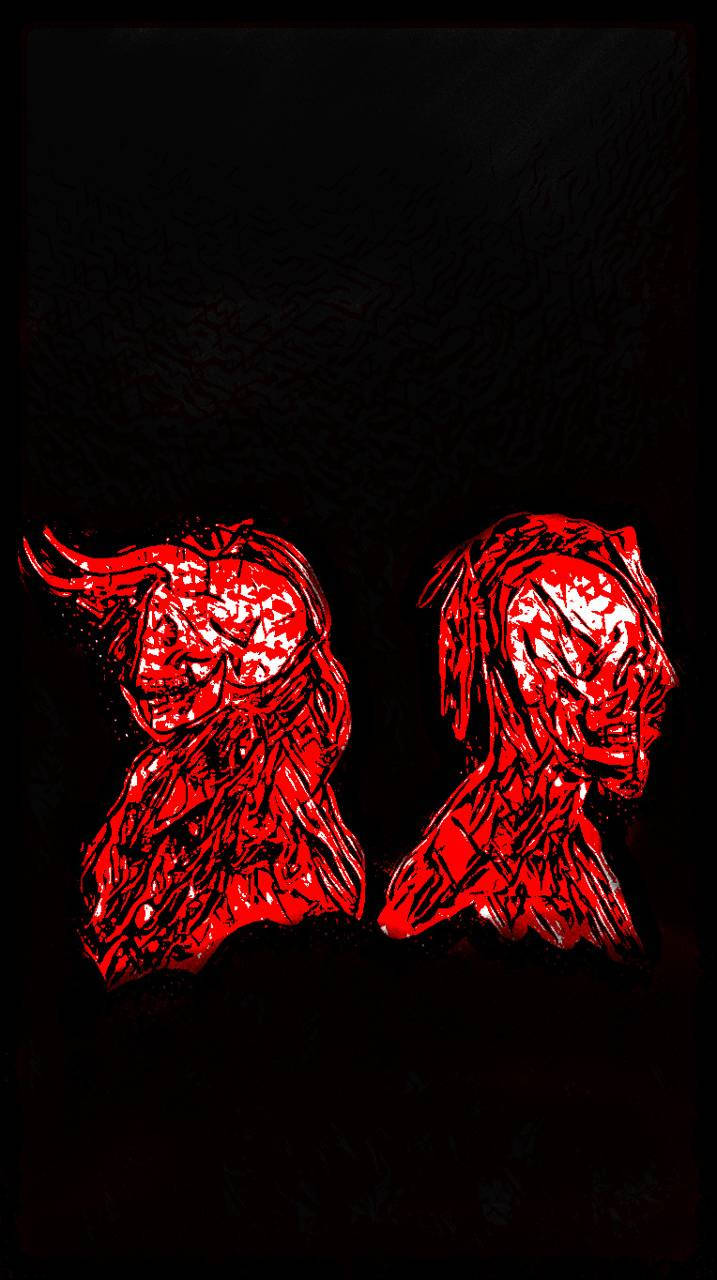 兩個帶角的紅色惡魔頭顱，背景為黑色。