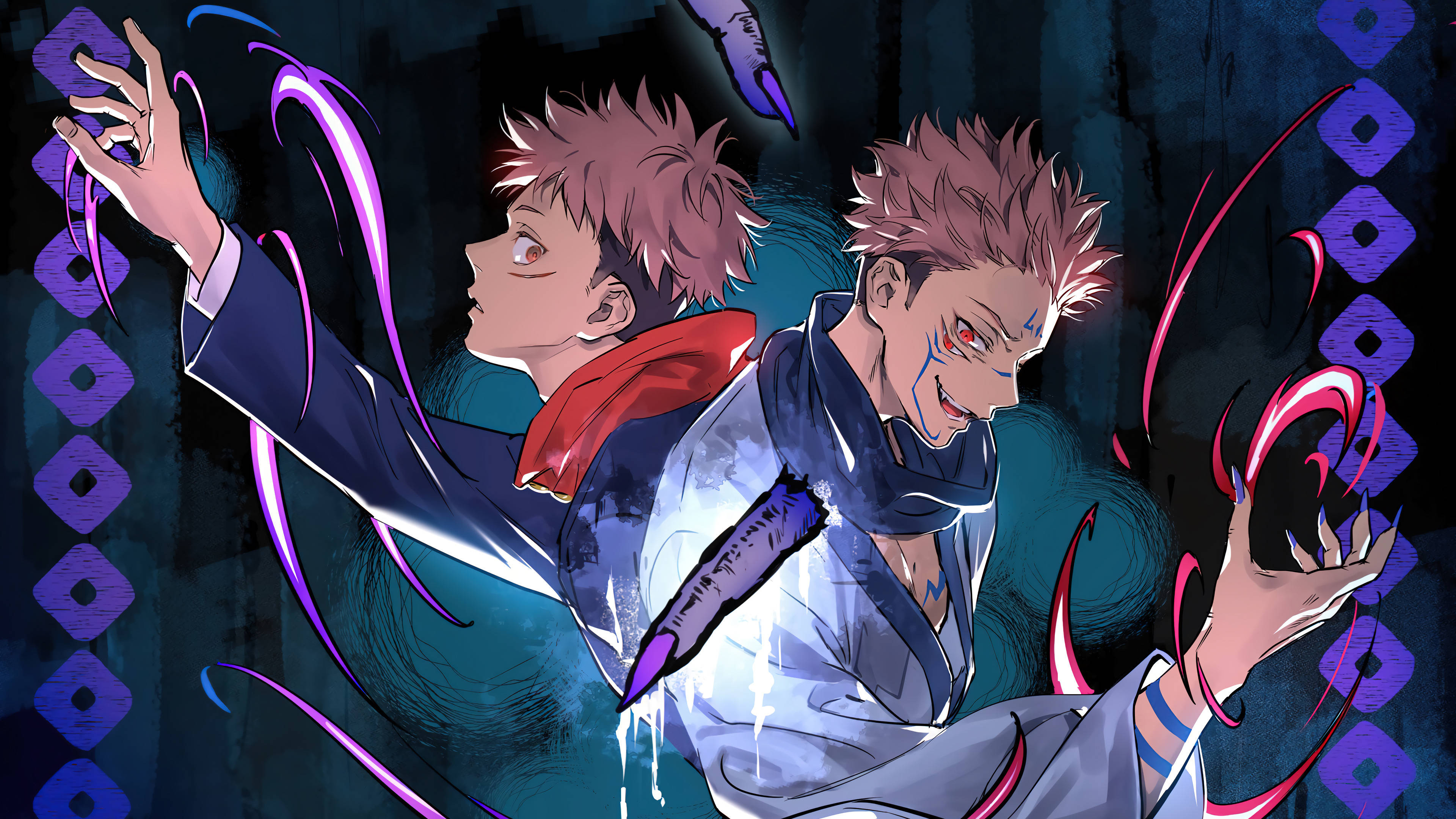 Sukuna 與 奧村燐 4K 壁紙 — 兩個動漫男孩，頭髮尖刺，在黑暗圖案背景前引導發光的紫色和紅色魔法能量。