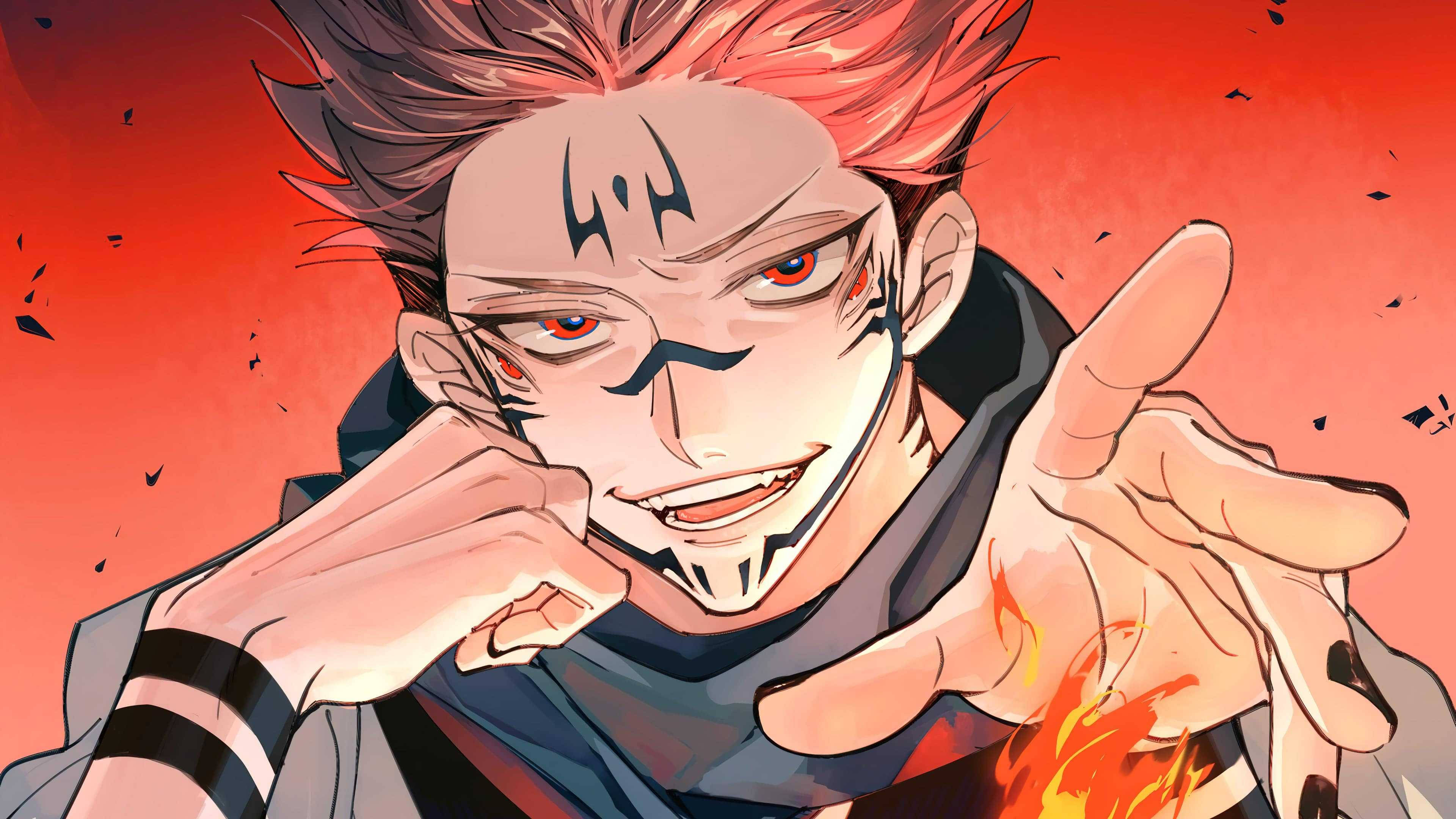 Sukuna 人類咒術師 壁紙 — 一個擁有火紅頭髮、紅色眼睛和黑色印記的動漫角色，在血紅色背景前，手中噴出火焰，露出威脅性的微笑。