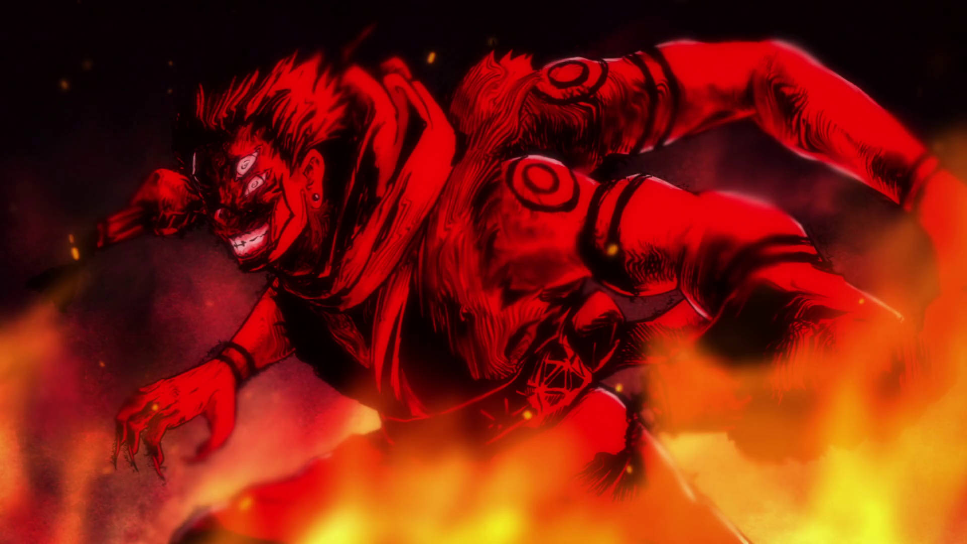 Sukuna 四臂惡魔 壁紙 — 一個身穿紅色盔甲的惡魔戰士，帶著兇猛的笑容和發光的眼睛衝過火焰。