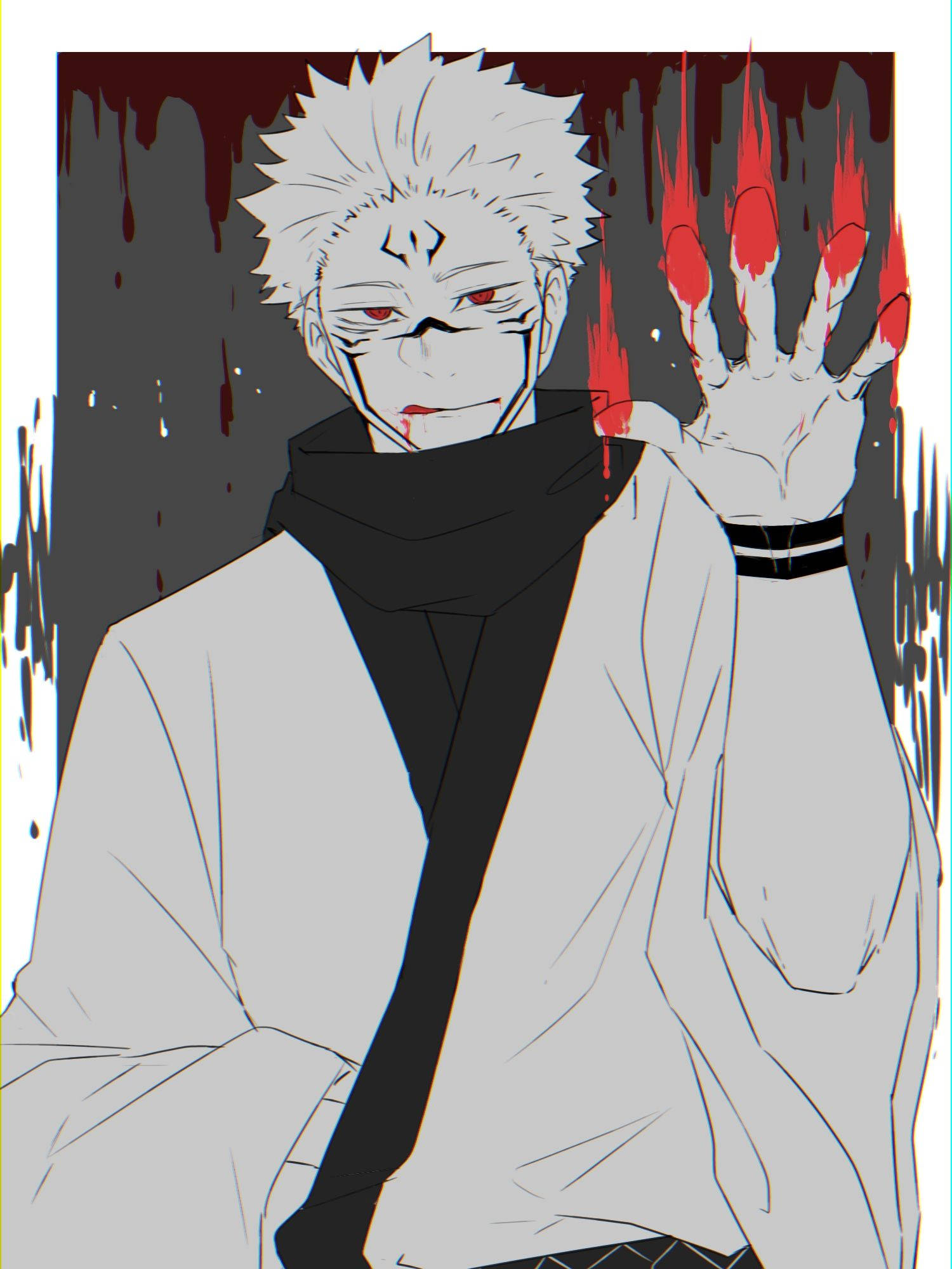 Sukuna 詛咒靈體 壁紙 — 一個刺蝟頭、紅眼睛、手上沾滿血跡的動漫角色，站在黑暗滴落的背景前。