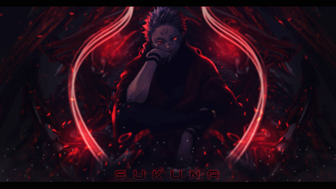 Sukuna 霓虹紅圖像藝術 壁紙 — 一個黑暗的動漫角色，擁有發光的紅色眼睛，坐在旋轉的深紅色能量和漂浮粒子之中。