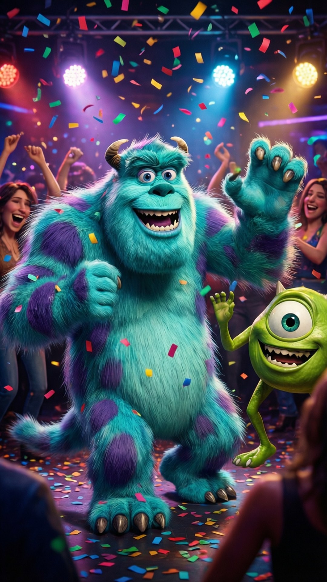 sulley 桌布 壁紙 — 毛毛同大眼仔喺一個充滿活力嘅音樂會上開心跳舞，周圍有紙碎飄落。