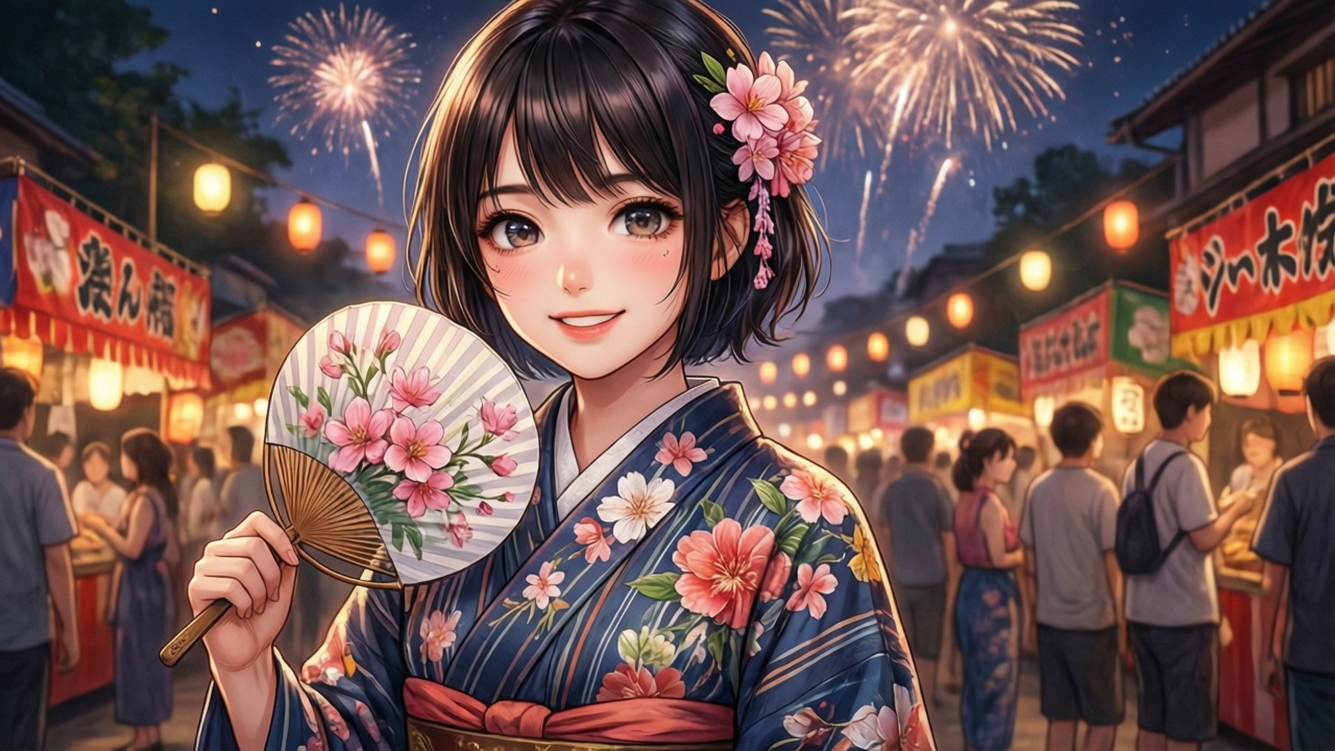 年輕女子穿著花卉和服在夜間節日手持扇子，煙火和燈籠