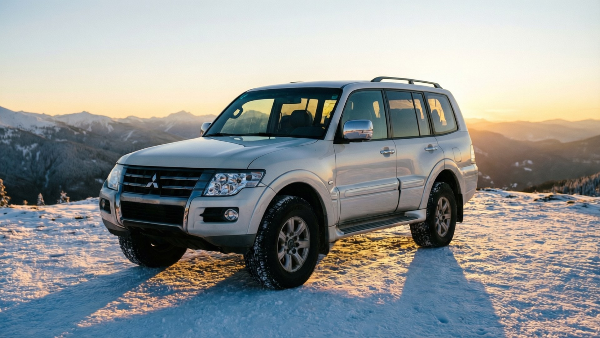 日落時分停在雪山地形上的銀色SUV