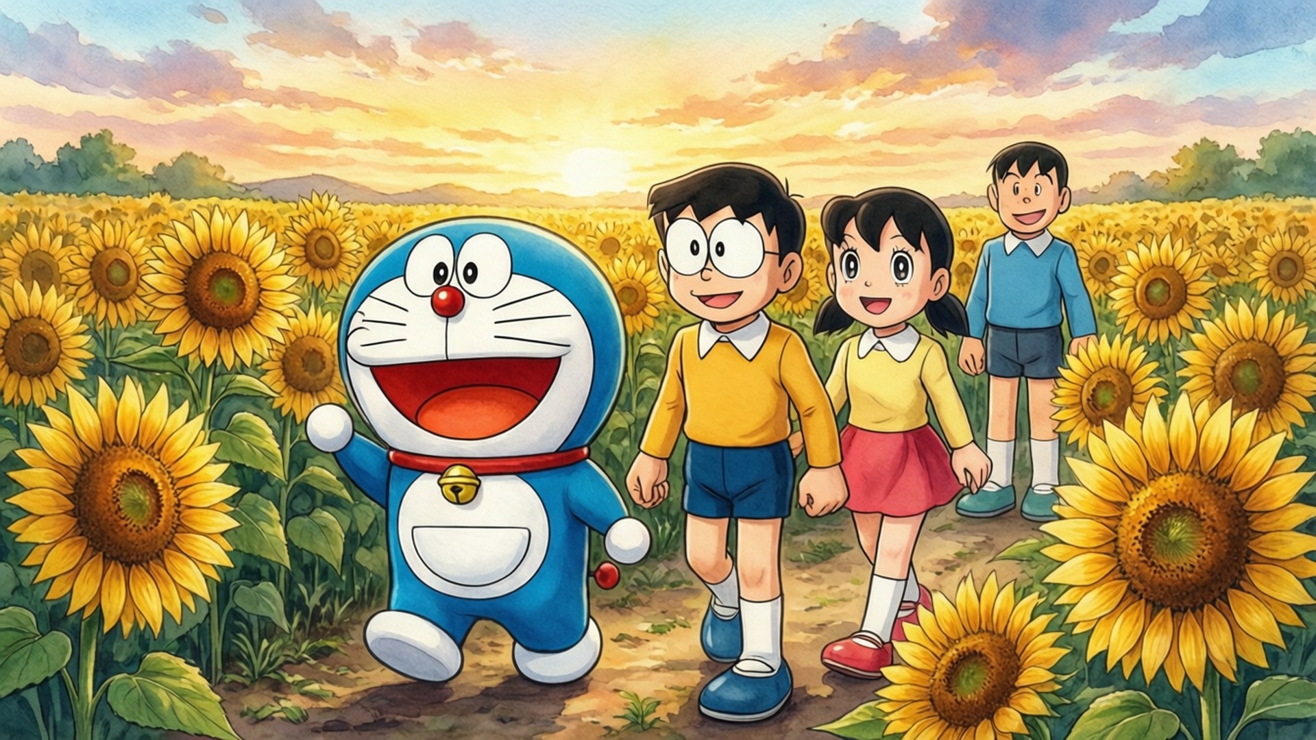 多啦A夢和三個孩子在日落時分走過向日葵田