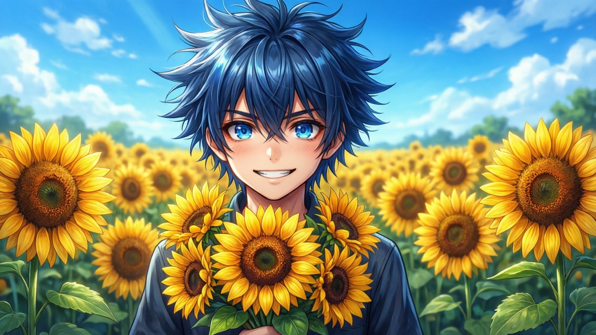 Anime boy with blue hair holding sunflowers in a sunny field. 壁紙
