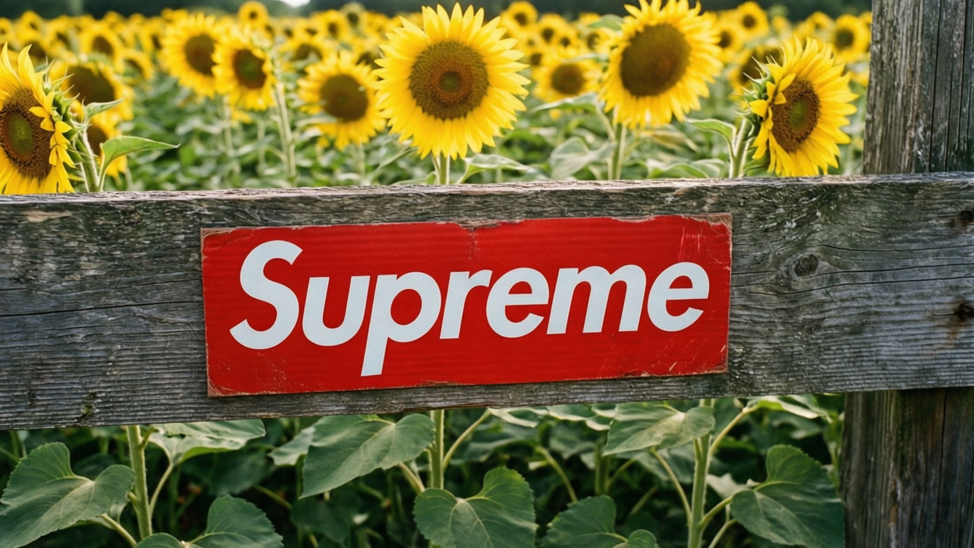 木柵欄上的紅色Supreme標誌牌，背景有向日葵