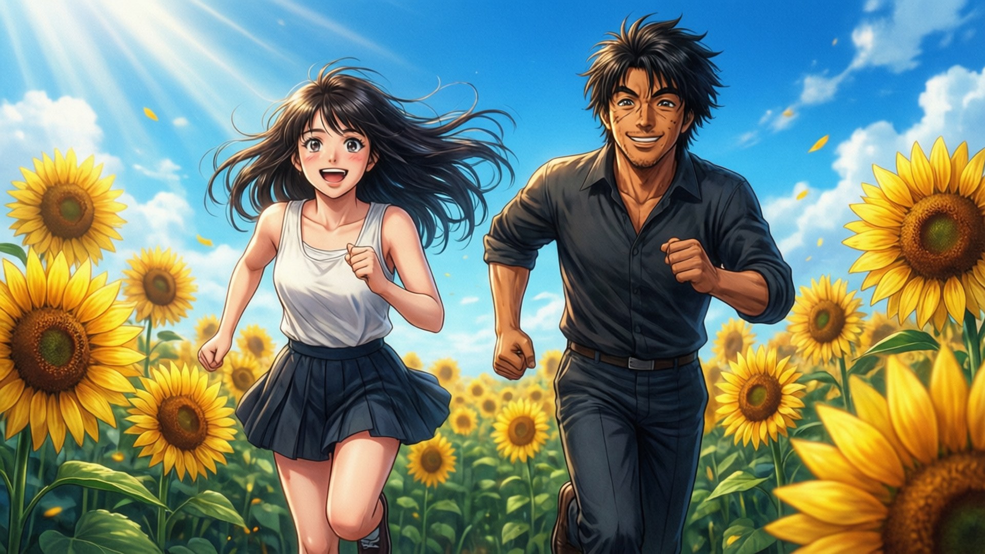 微笑的動漫男女在陽光明媚的天空下穿過向日葵田奔跑。