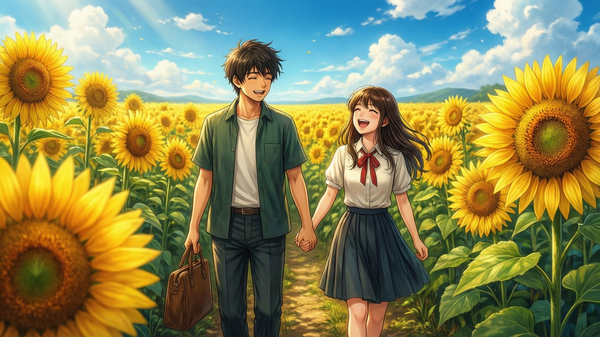 一個微笑的動漫男孩和女孩在陽光明媚的日子裡，在向日葵田裡手牽手。