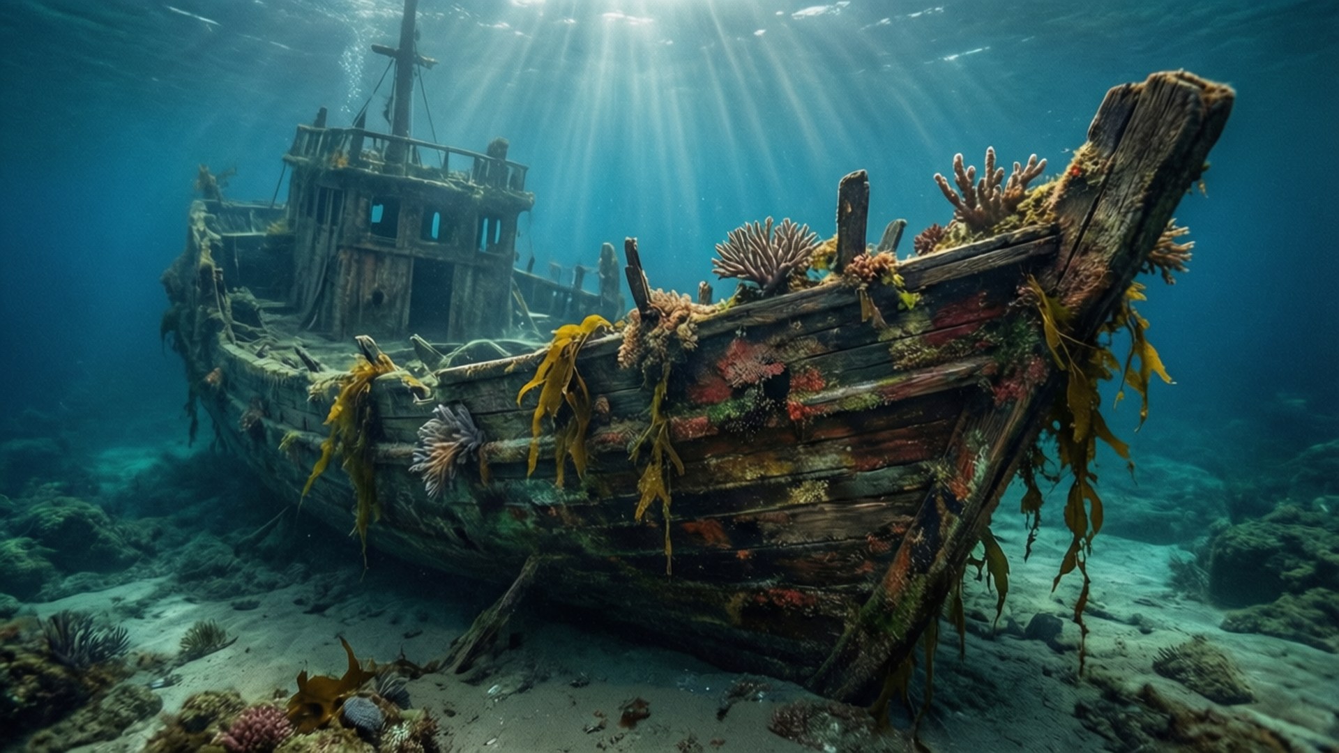 Shipwreck on the Floor 壁紙 — 一艘沉沒的木製沉船覆蓋著珊瑚和海藻，靜靜躺在海底，陽光穿透上方的藍色海水。