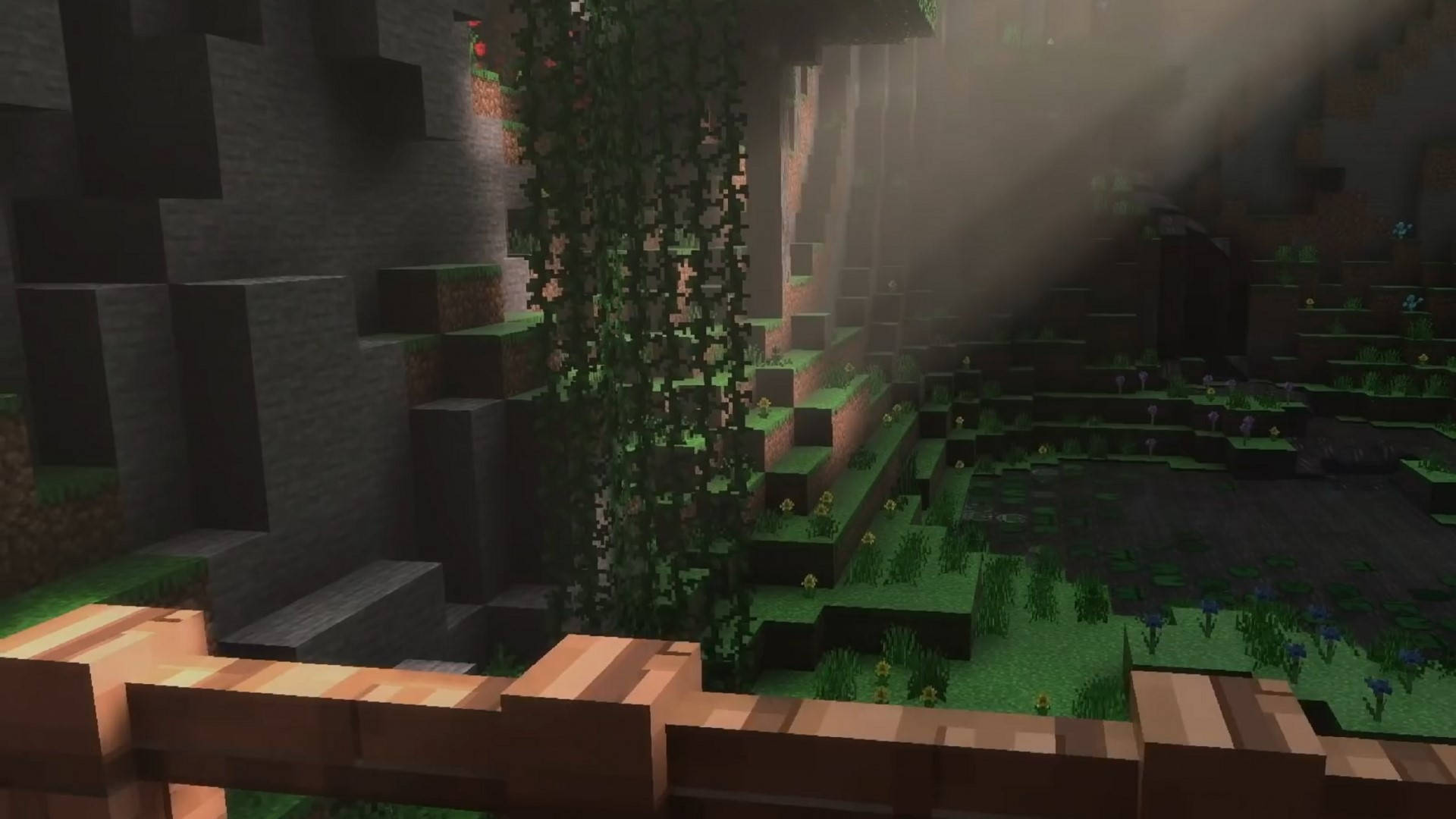 Minecraft叢林，藤蔓和陽光穿過霧氣瀰漫的方塊。