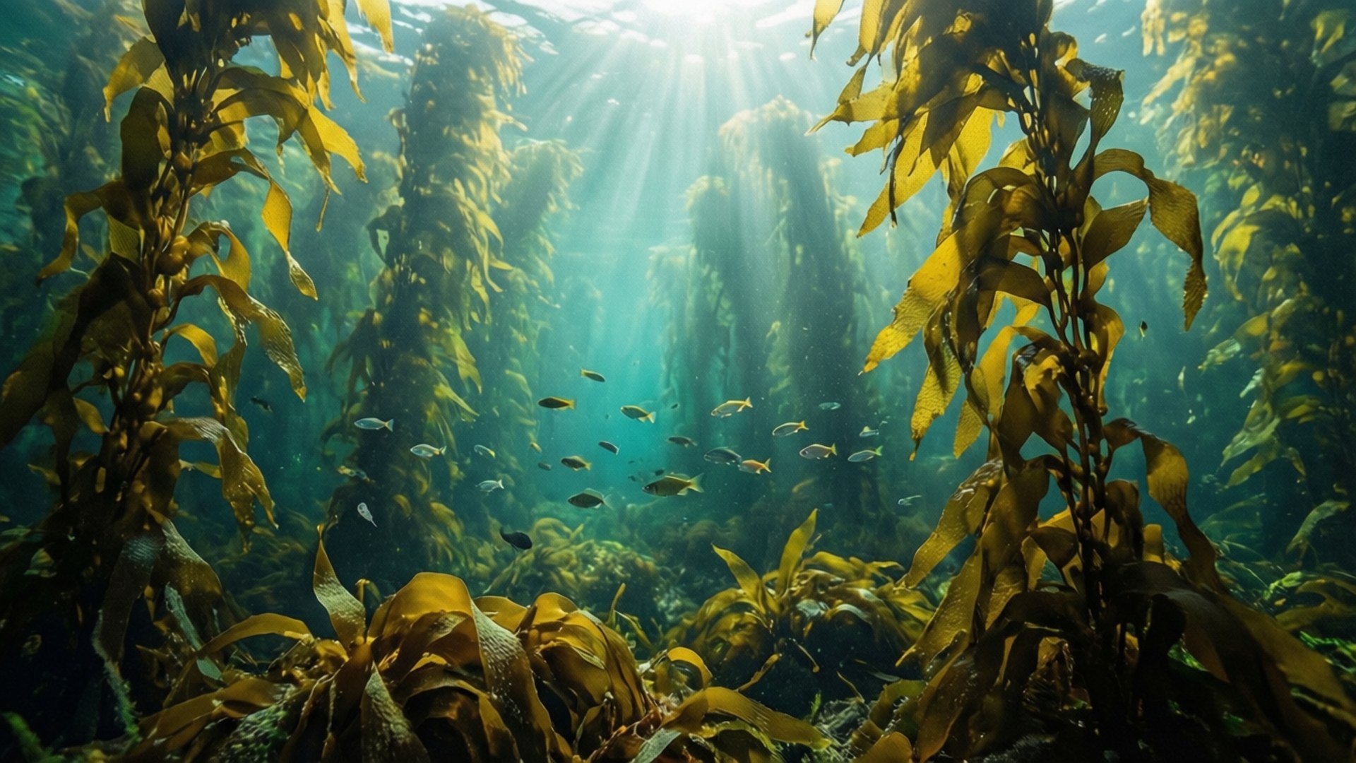 陽光穿過高大的海藻森林，小魚在葉片間游動。