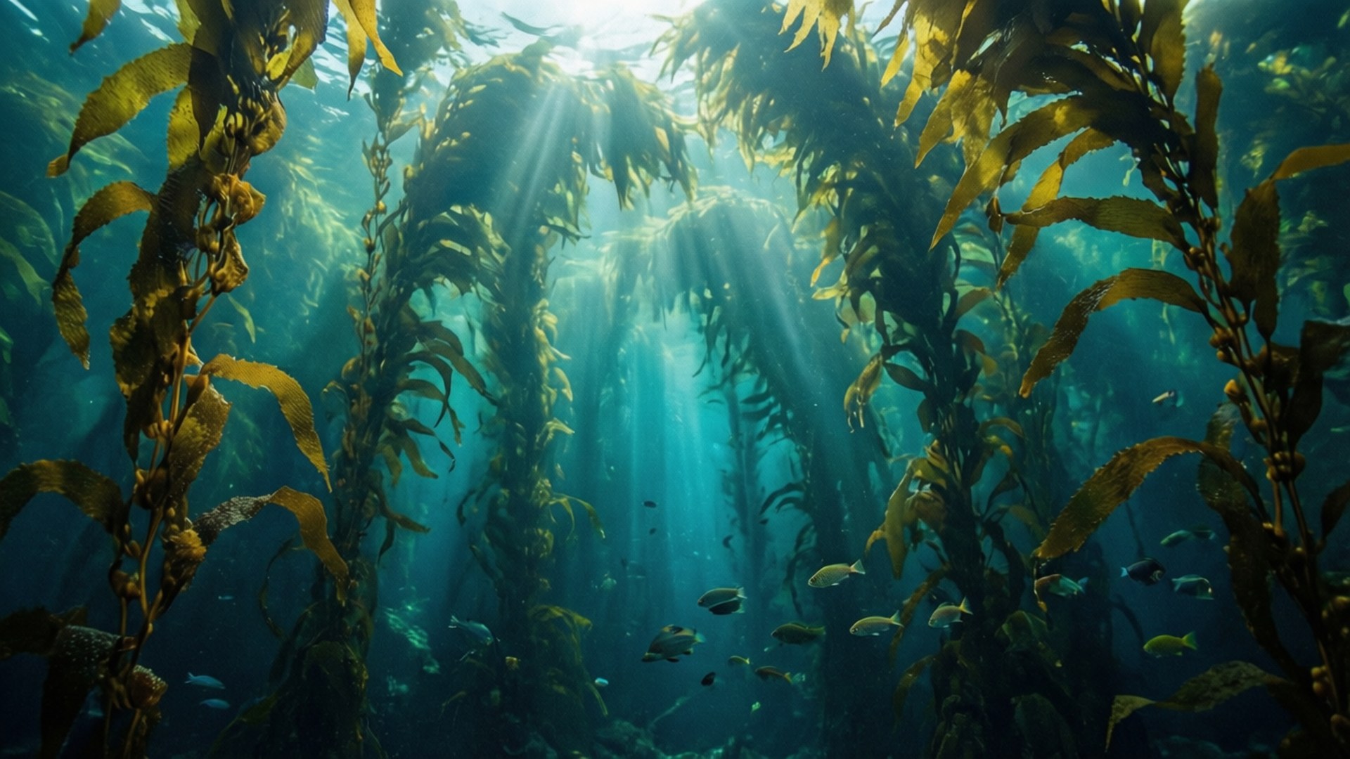 陽光穿過高大的海藻森林，小魚在下方游動。