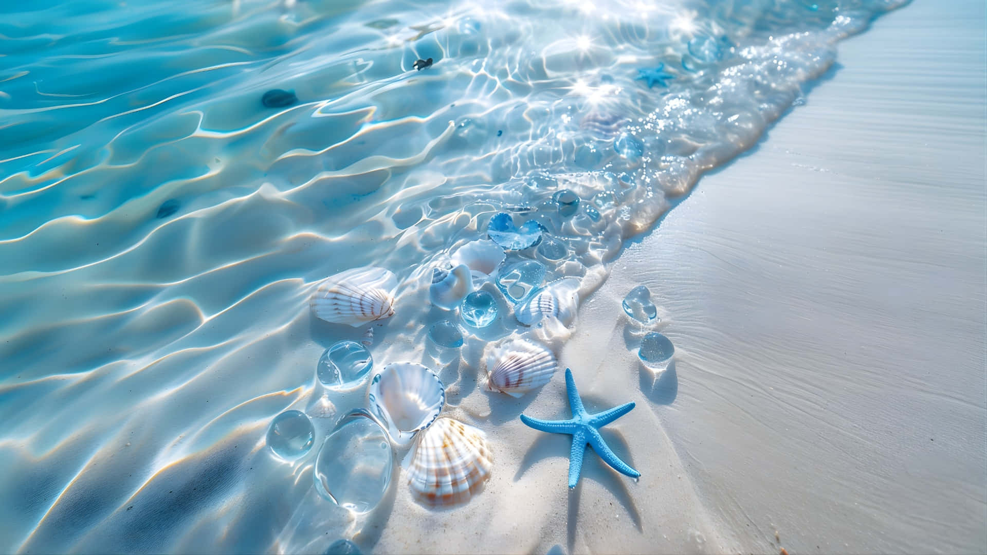  壁紙 — 陽光在清澈的碧綠海浪上舞動，輕輕拍打著貝殼和一隻藍色海星，落在純淨的白沙上。