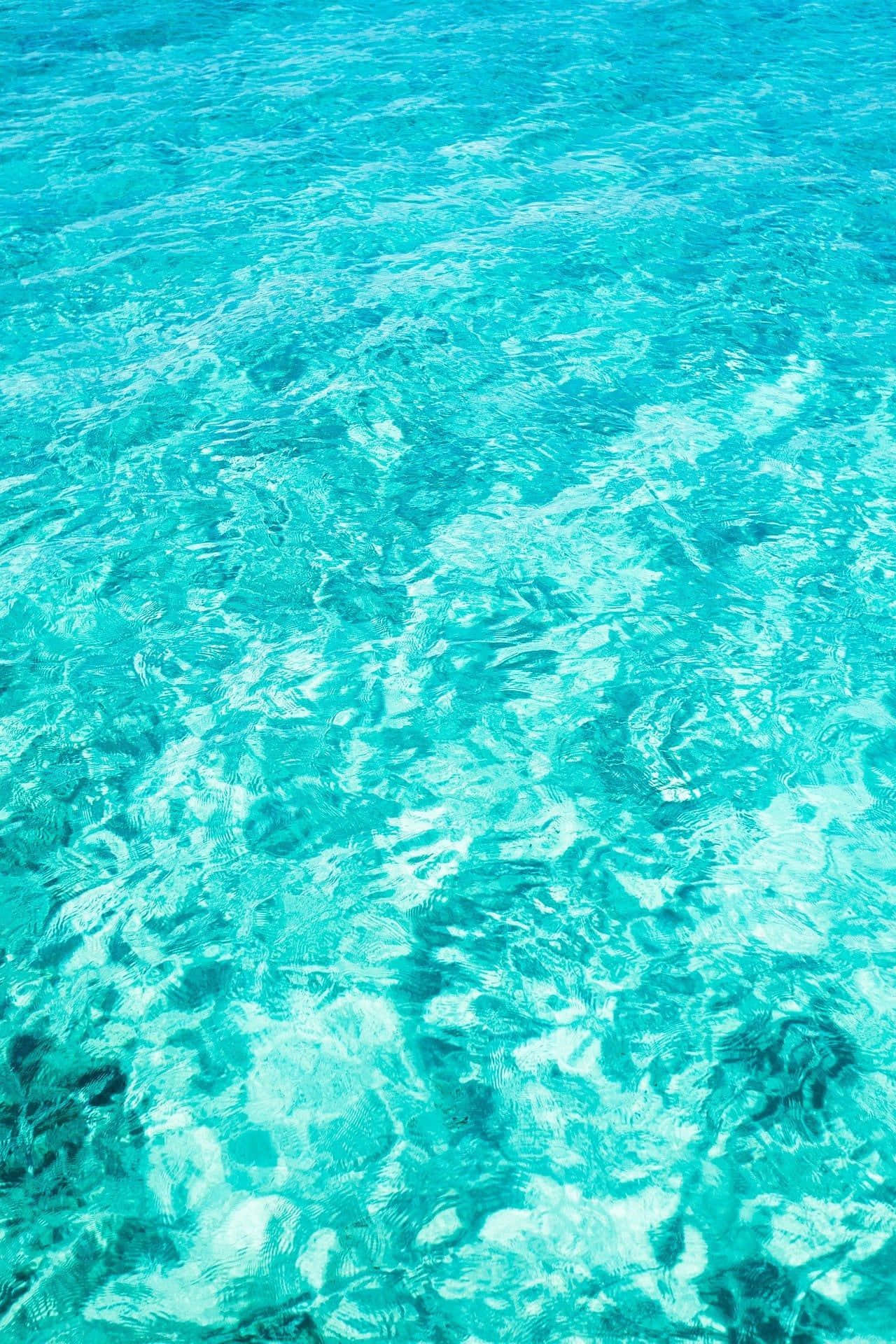 Teal Blue 桌布 壁紙 — 陽光在泛起漣漪的碧綠水面上舞動，顯露出清澈水面下的深色岩石。