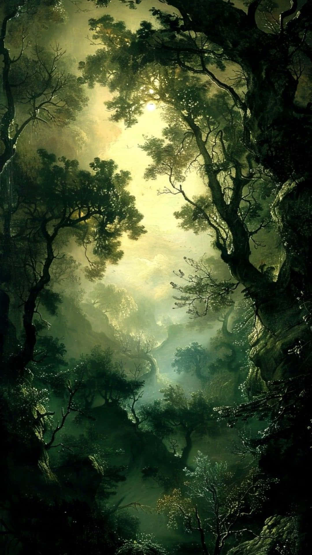  壁紙 — 陽光穿透古老盤根錯節的樹木，照進霧氣瀰漫的魔法森林，散發出空靈的綠色和金色光芒。