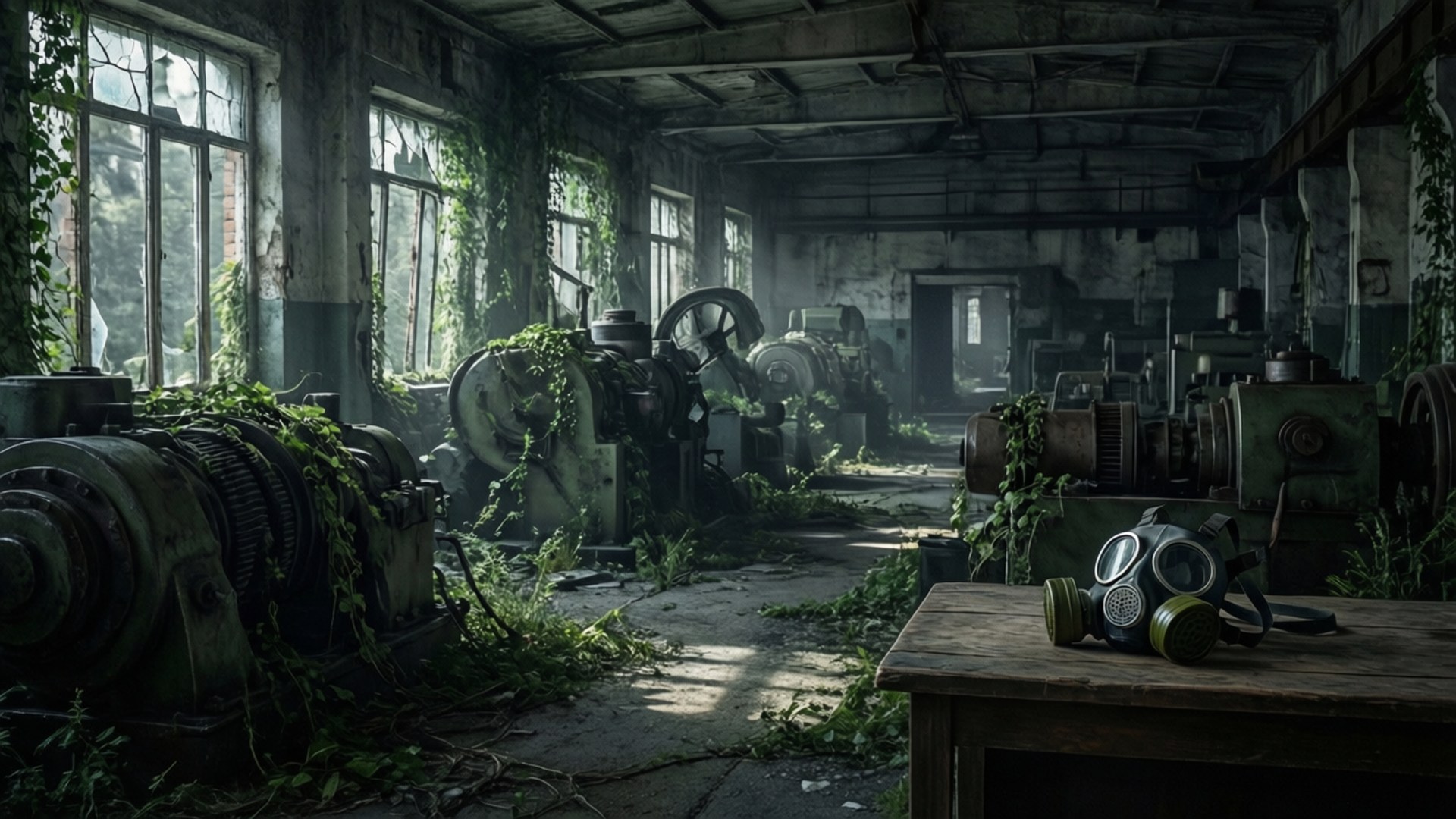 Ruined Factory Interior 壁紙 — 陽光穿過破爛的窗戶照射著廢棄工業遺址中雜草叢生的機器。