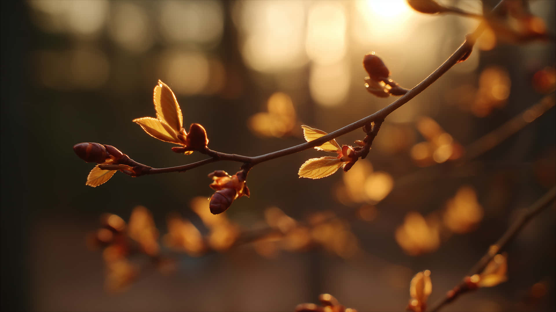 特寫鏡頭：沐浴在金色陽光中的發芽樹枝，背景柔和模糊
