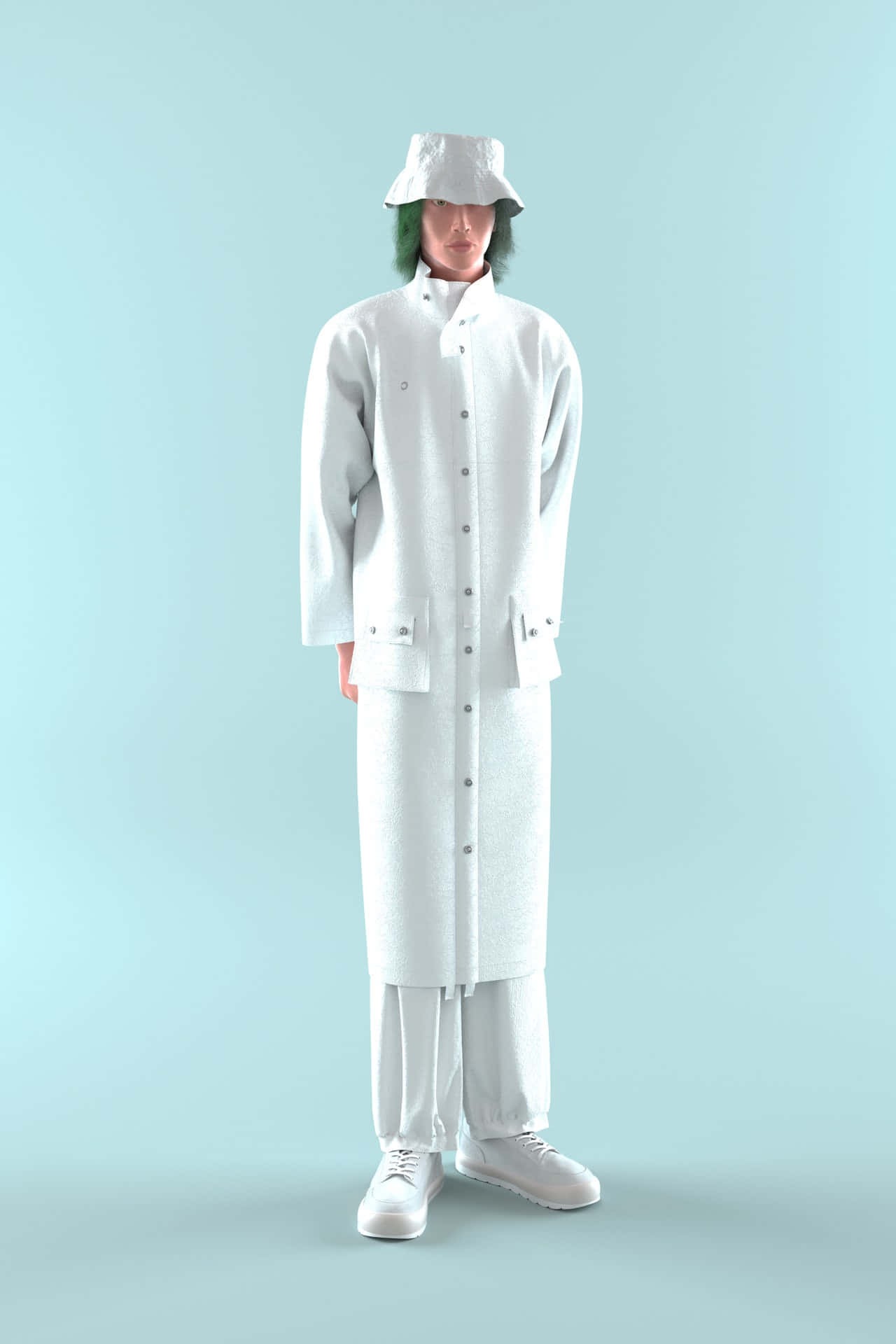 綠髮的人穿著全白服裝和漁夫帽，背景是藍色。