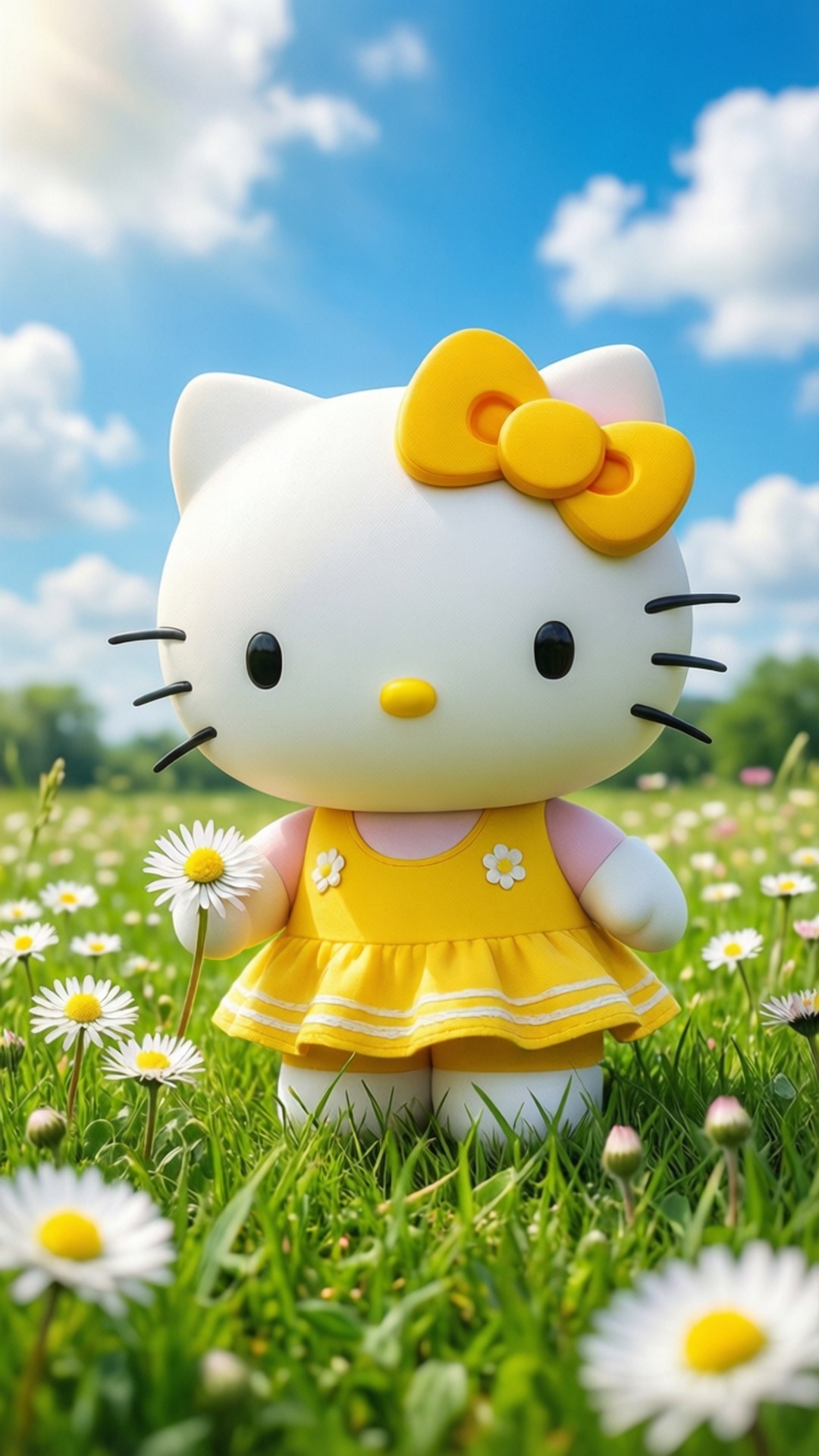 Hello Kitty 身穿黃色連衣裙，站在雛菊田裡，藍天白雲。
