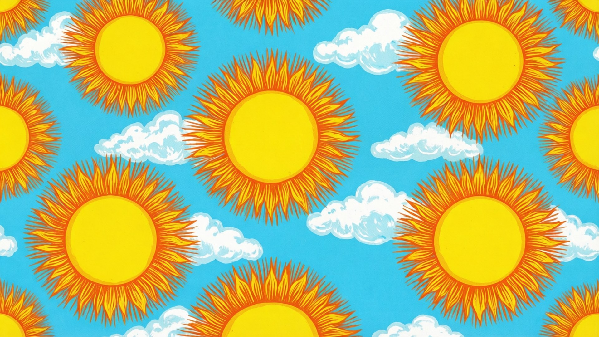 Sunny Days 壁紙 — 充滿活力的卡通太陽，帶有尖刺的黃色光芒，漂浮在點綴著蓬鬆白雲的明亮藍天上。
