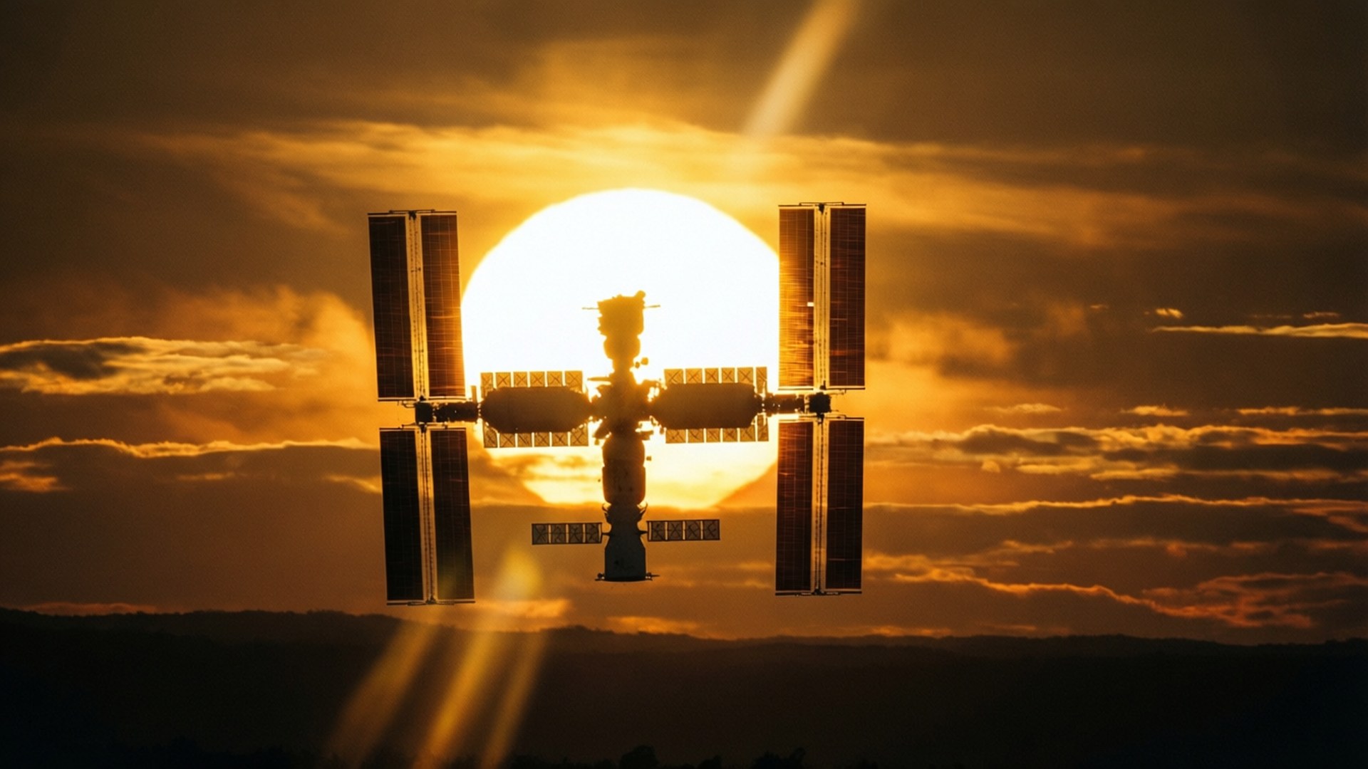 太空站剪影在金色日落前，伴隨著燦爛的陽光。