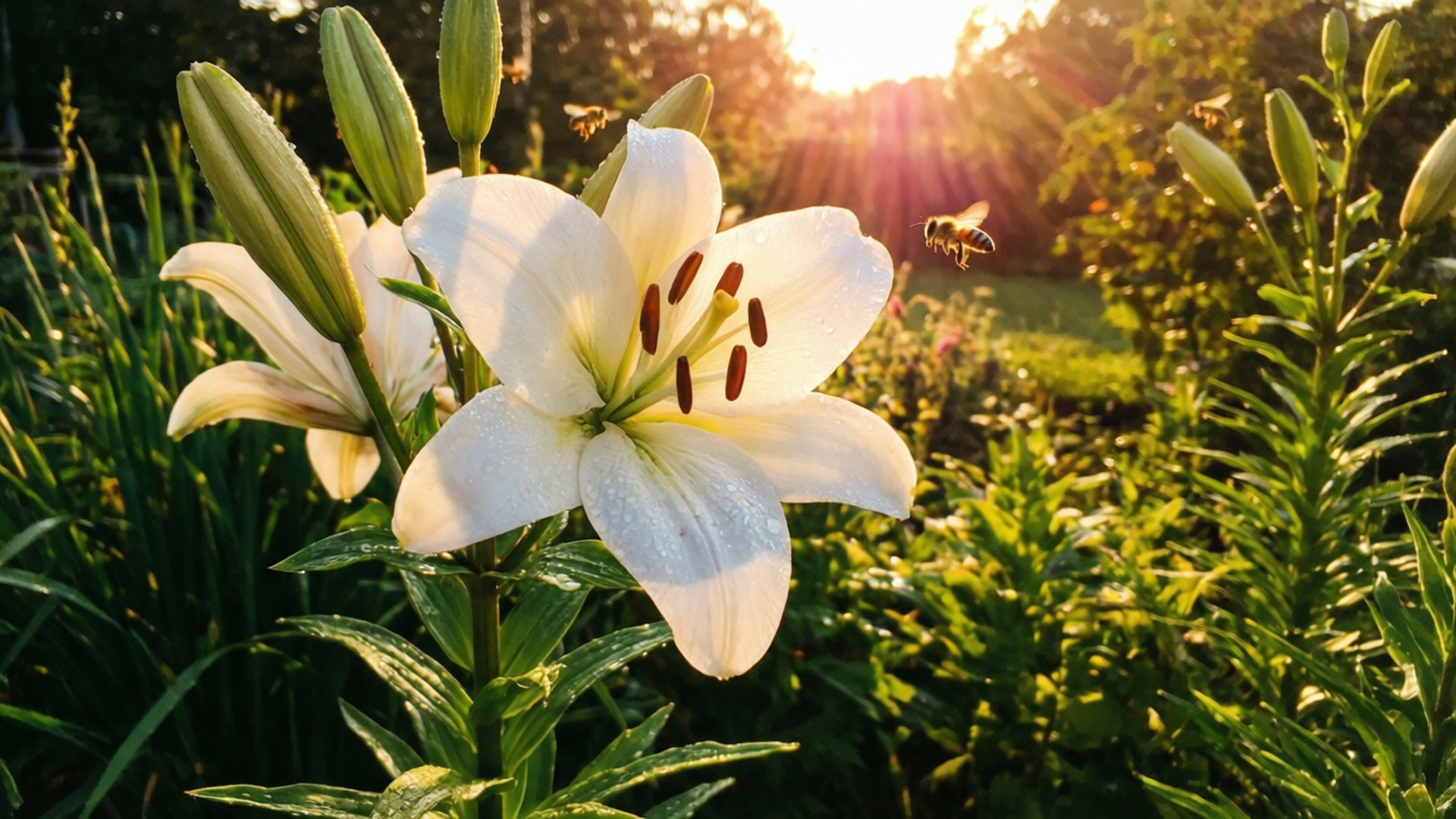 Sunrise White Lily Garden 壁紙 — 一朵帶有露珠的白百合在陽光明媚的花園中盛開，蜜蜂在周圍飛舞。