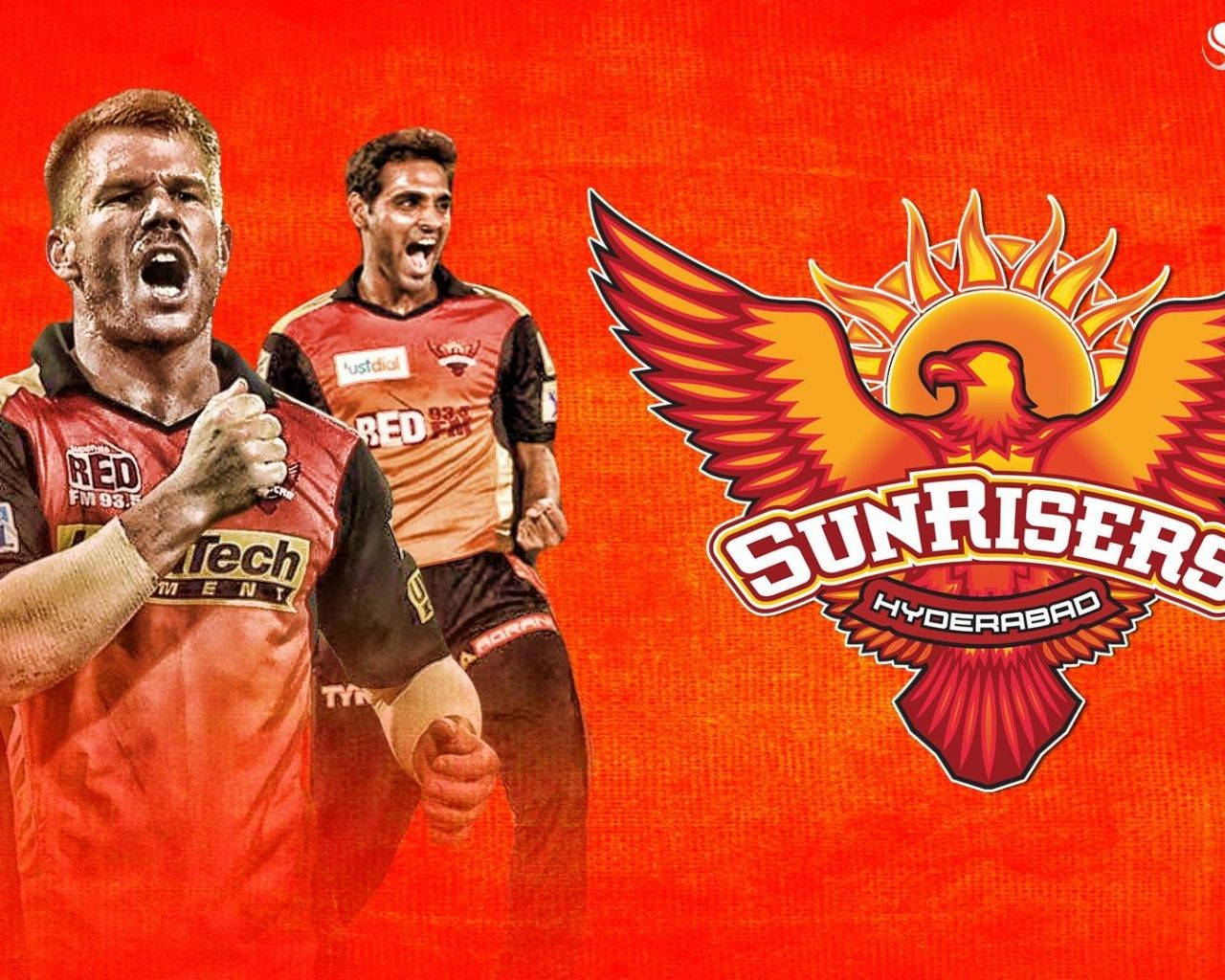 兩名板球運動員與Sunrisers Hyderabad球隊標誌一起慶祝勝利。