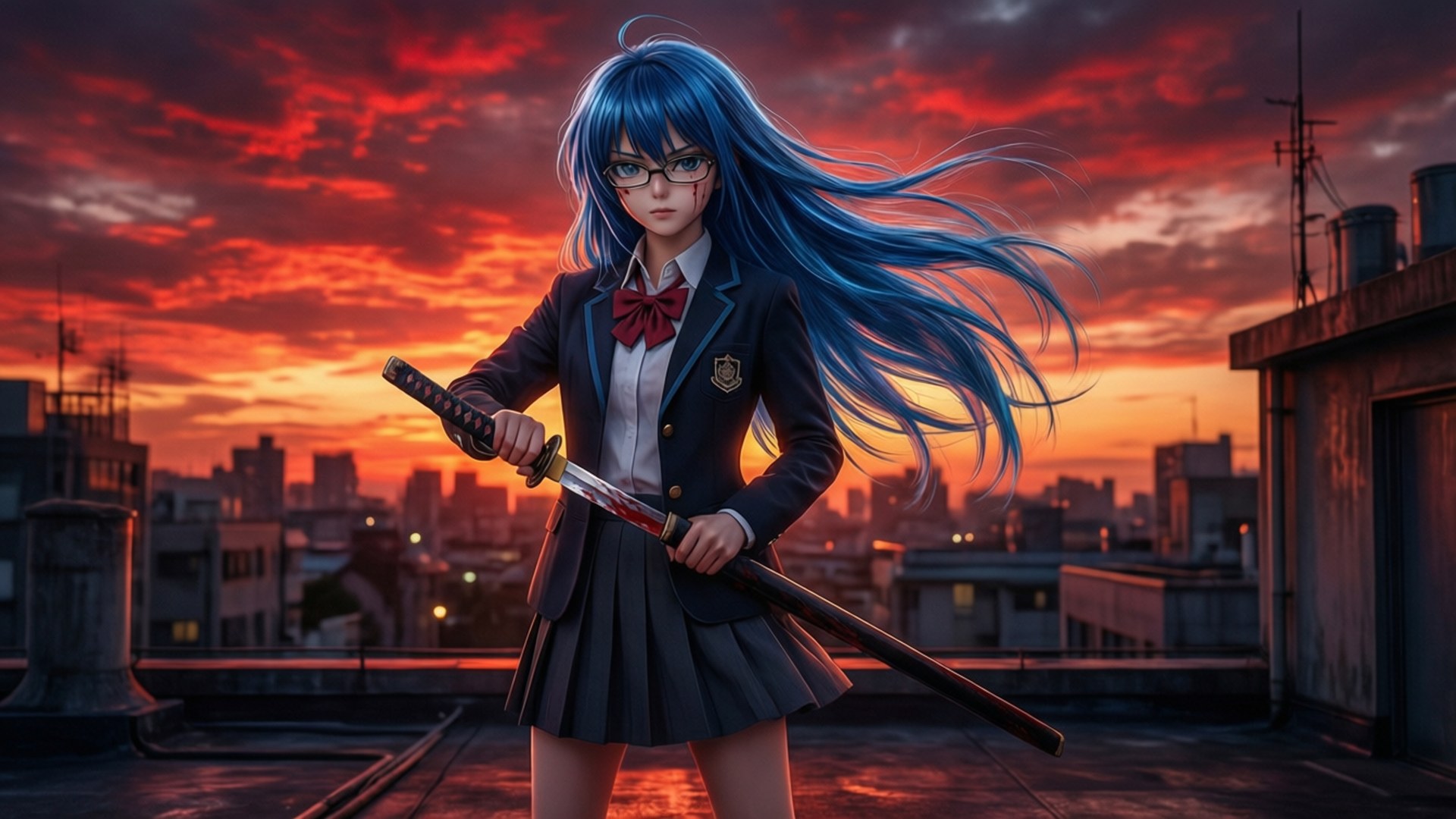 藍髮戴眼鏡的動漫少女在夕陽下天台上手持武士刀。