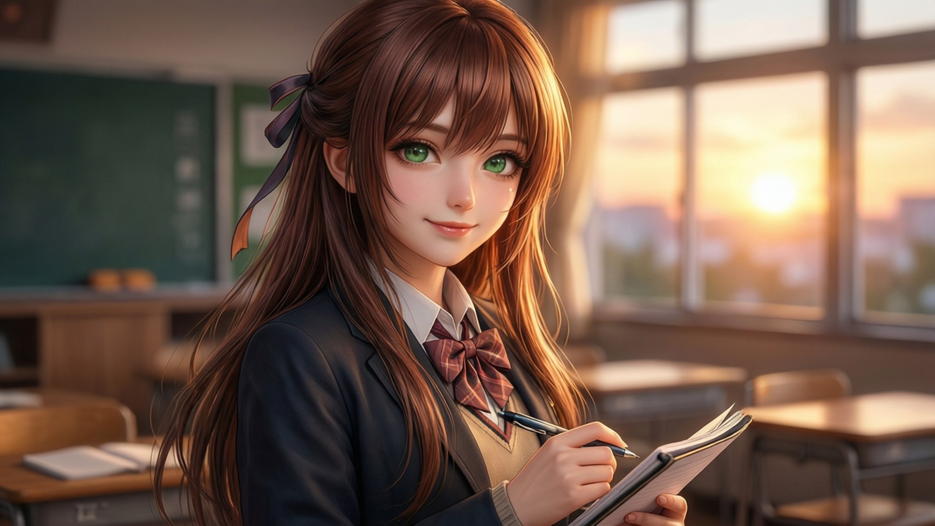 Sunset Classroom Monika 壁紙 — 一個穿著校服的年輕動漫女孩在夕陽照耀的教室裡微笑著寫筆記本。