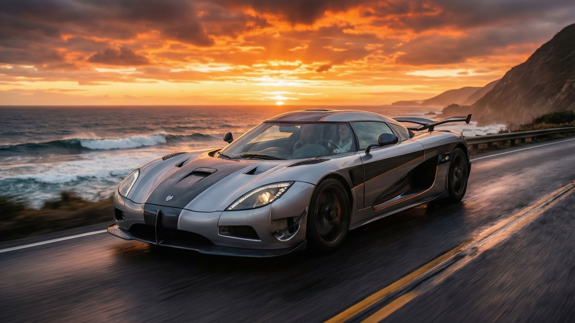 銀色Koenigsegg在日落時分於海岸公路上飛馳，海波浪和橙色天空
