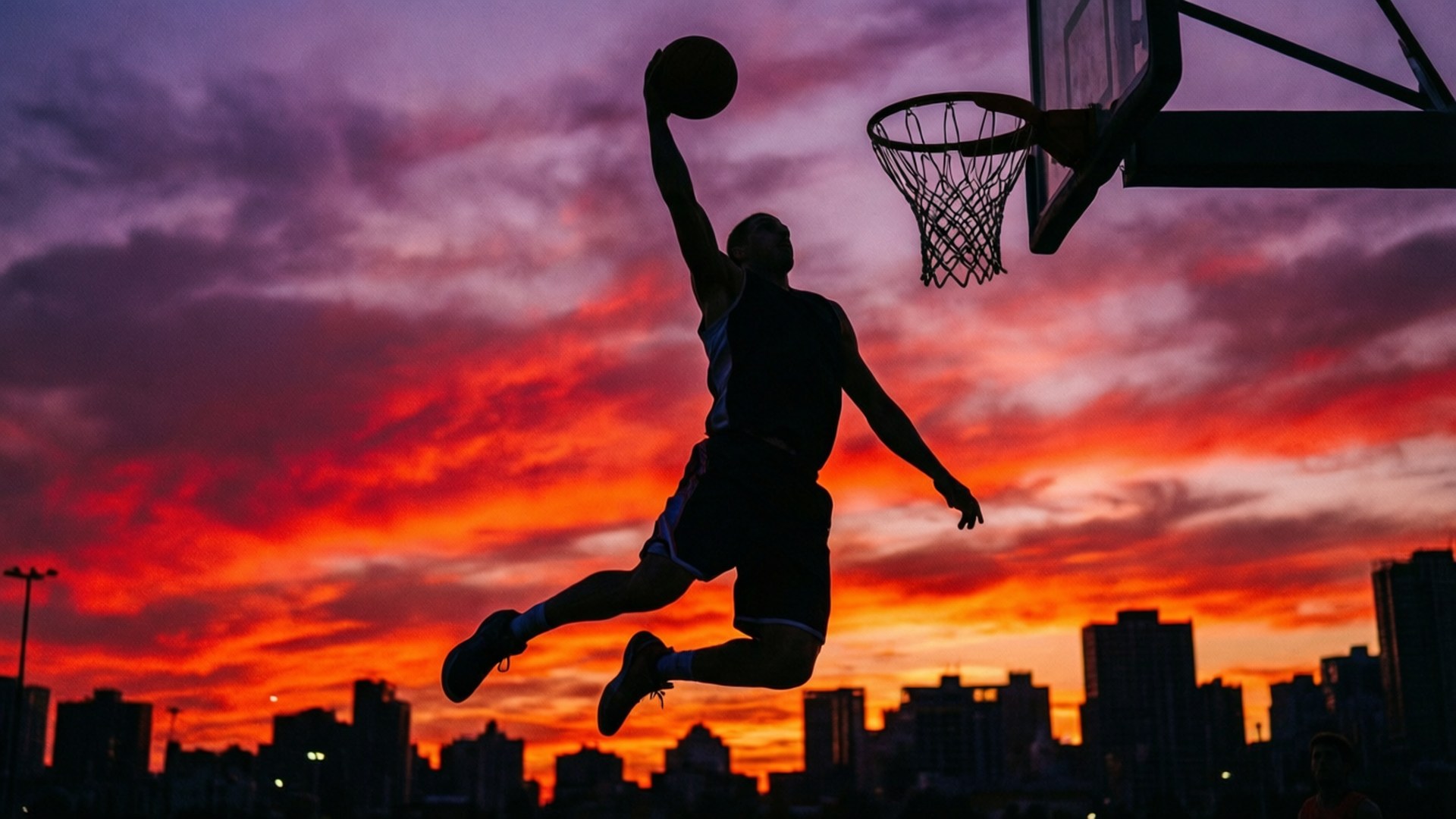 籃球運動員在夕陽下在城市上空灌籃的剪影