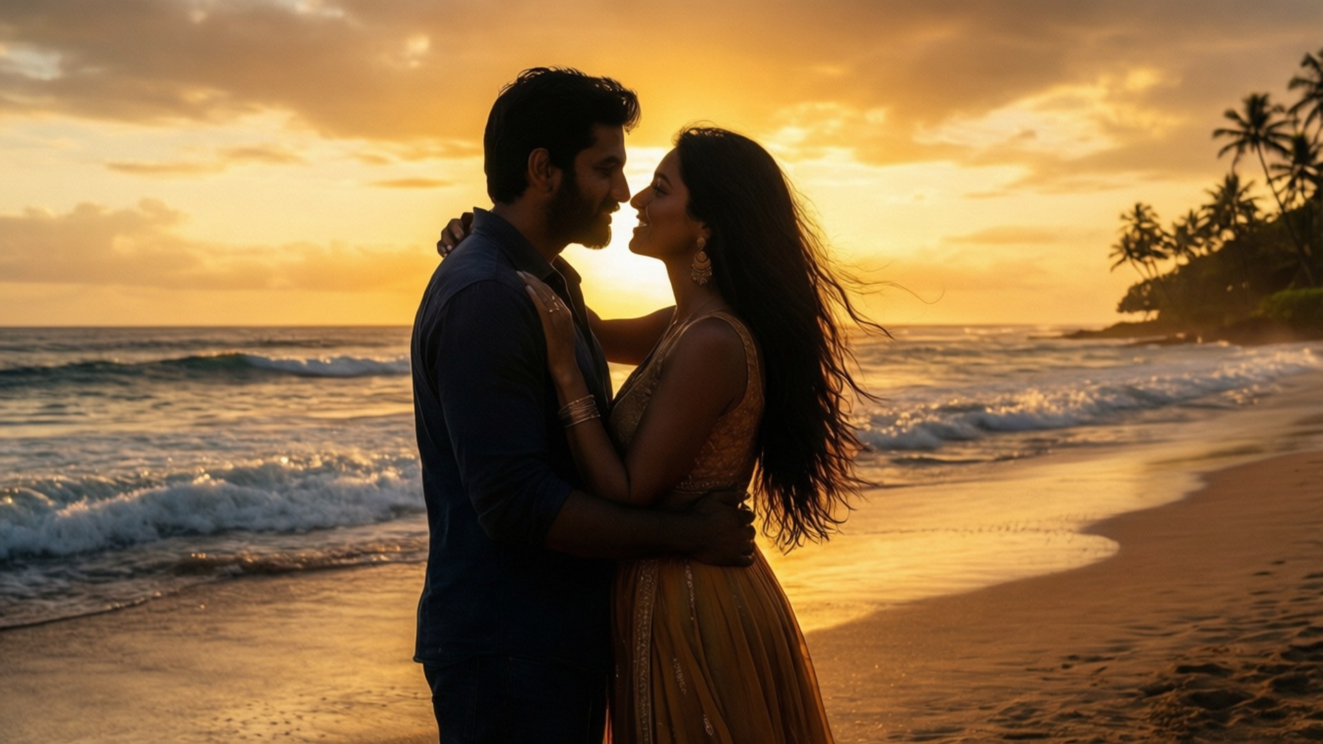 A couple in love embracing on a tropical beach at sunset. 壁紙