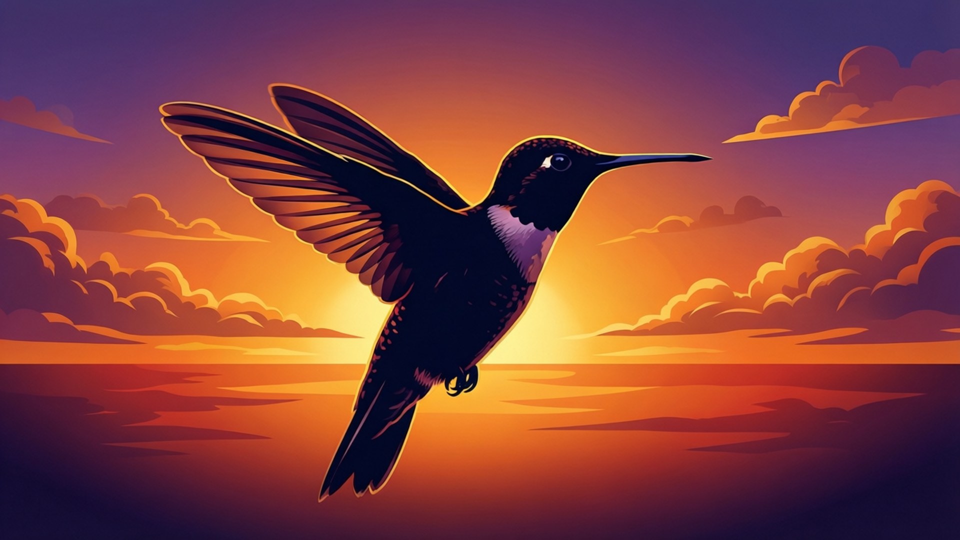 A hummingbird flies against a colorful sunset sky with orange and purple clouds. 壁紙