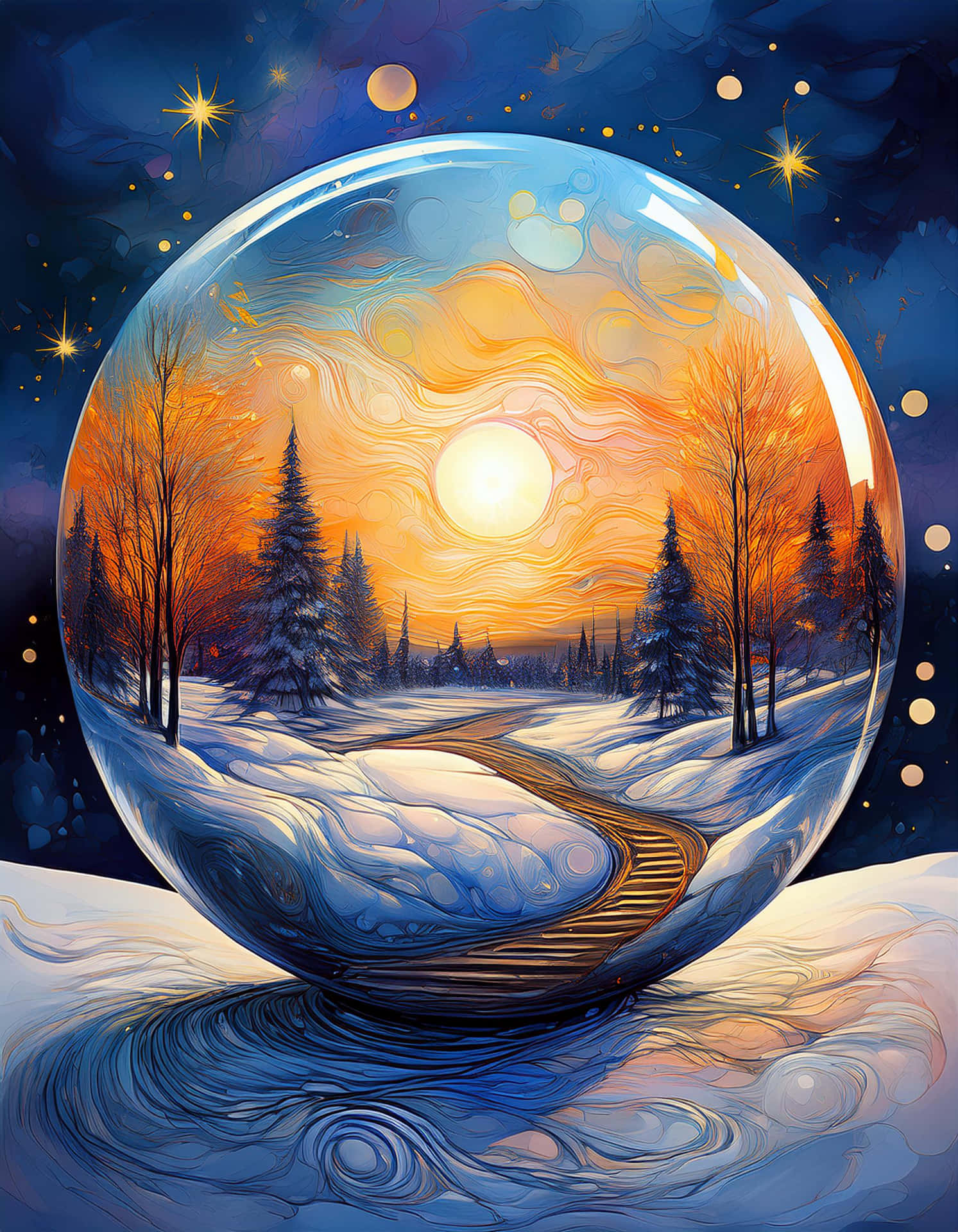 Sunset Magic in the Winter Sphere 壁紙 — 一個發光的水晶球包裹著一條積雪的森林小徑，在溫暖的日落天空下，有光禿的樹木和松樹，背景是星光燦爛的宇宙。