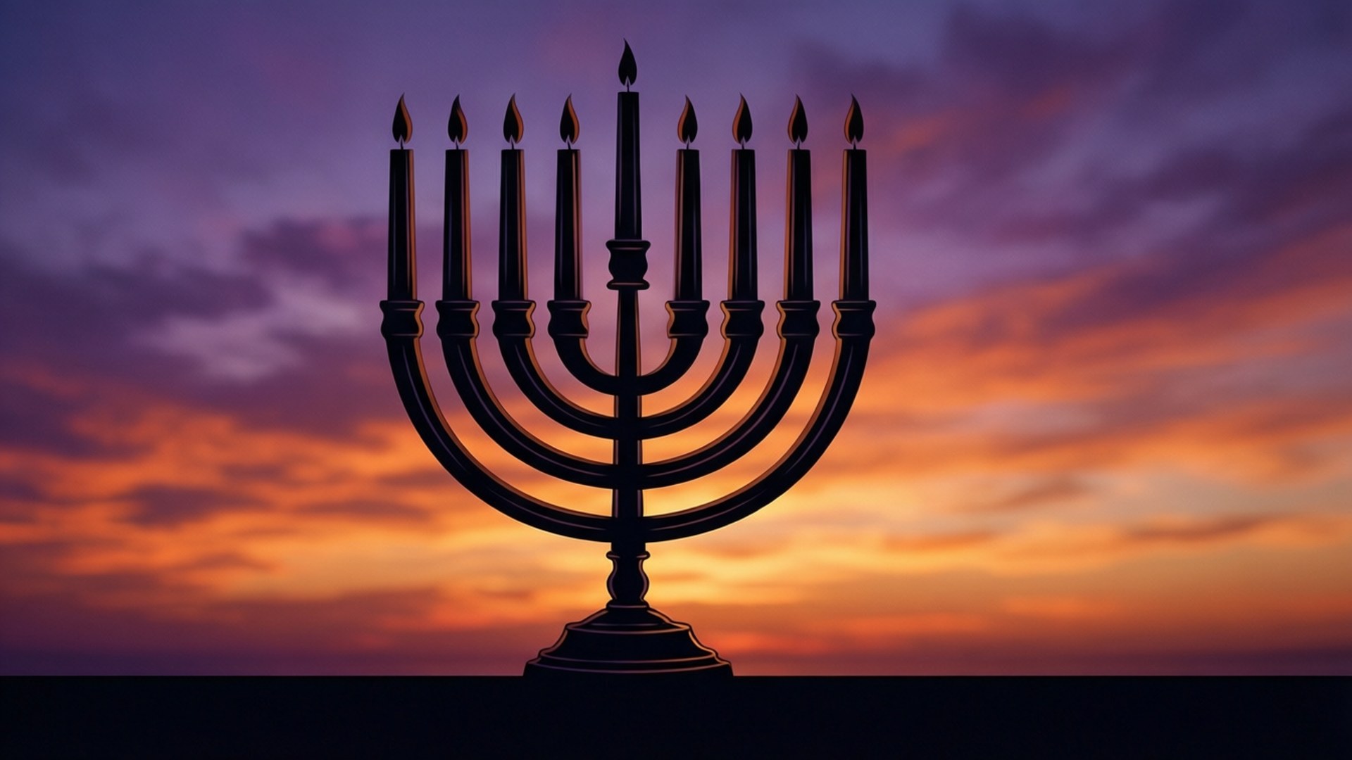 一個點燃的 menorah 剪影，映襯著色彩繽紛的日落天空，有橙色、紫色和黃色的雲彩。