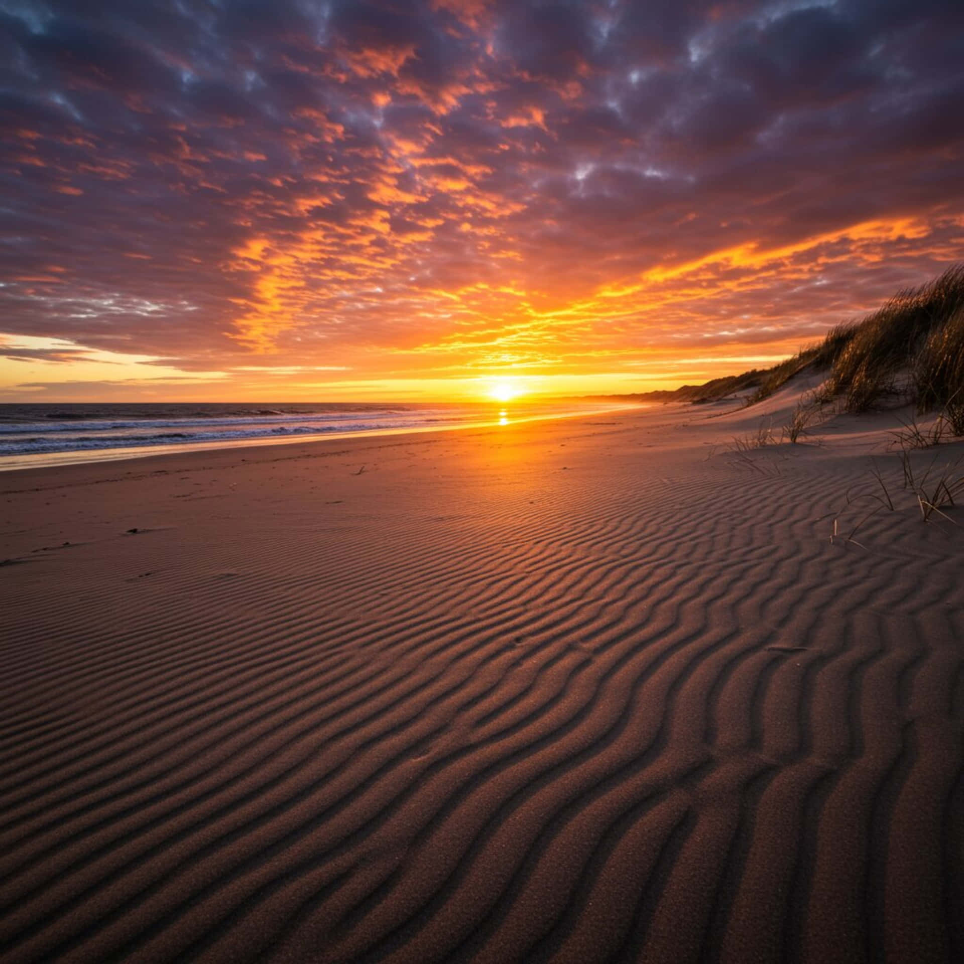 Sunset on the beach 壁紙 — 夕陽將天空染成火熱的橙色和紫色，海浪親吻著沙灘，沙灘上有起伏的沙丘和草叢。
